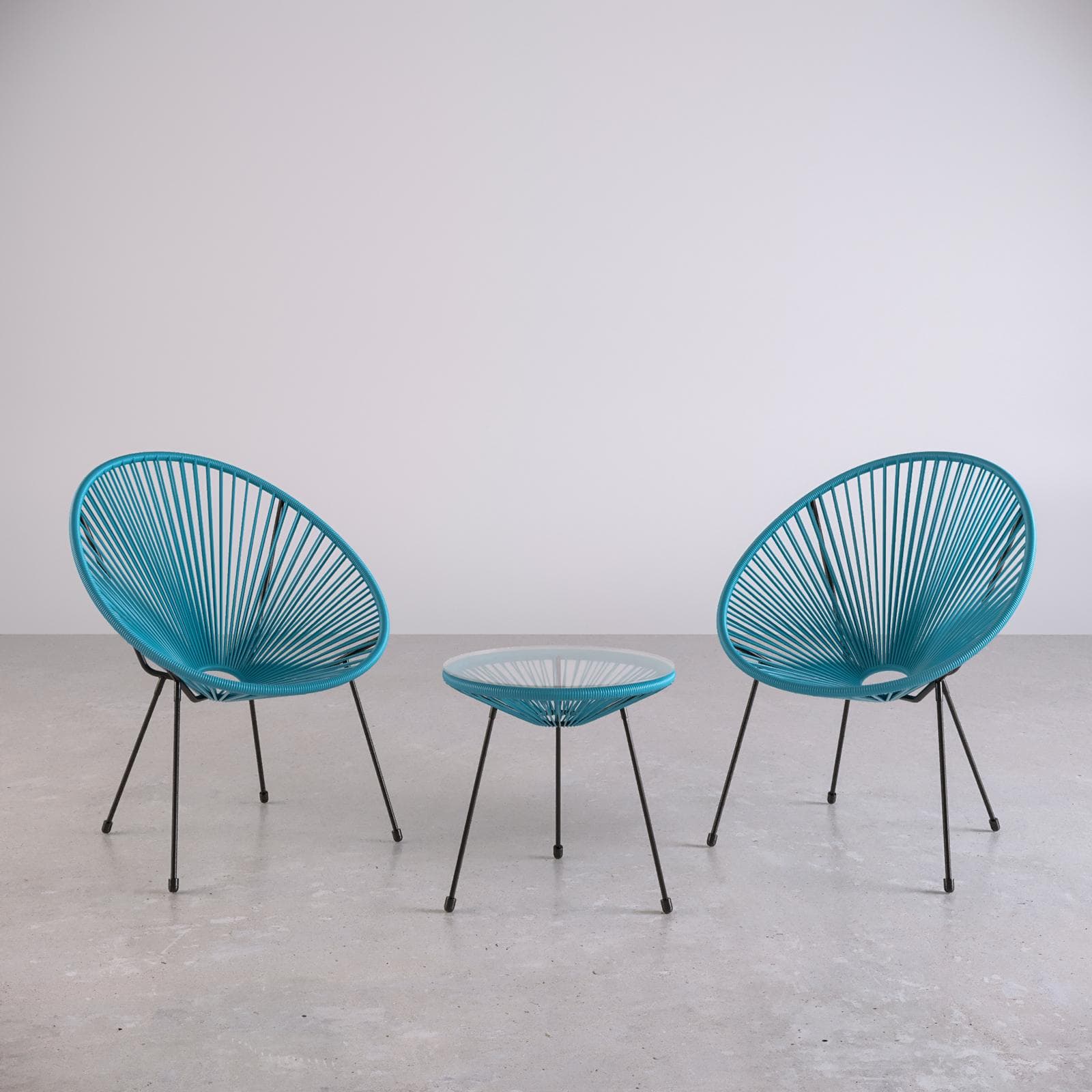 Set relax da salotto con 2 poltrone e tavolino rotondo 50 cm in acciaio e corda azzurro - Kalimba