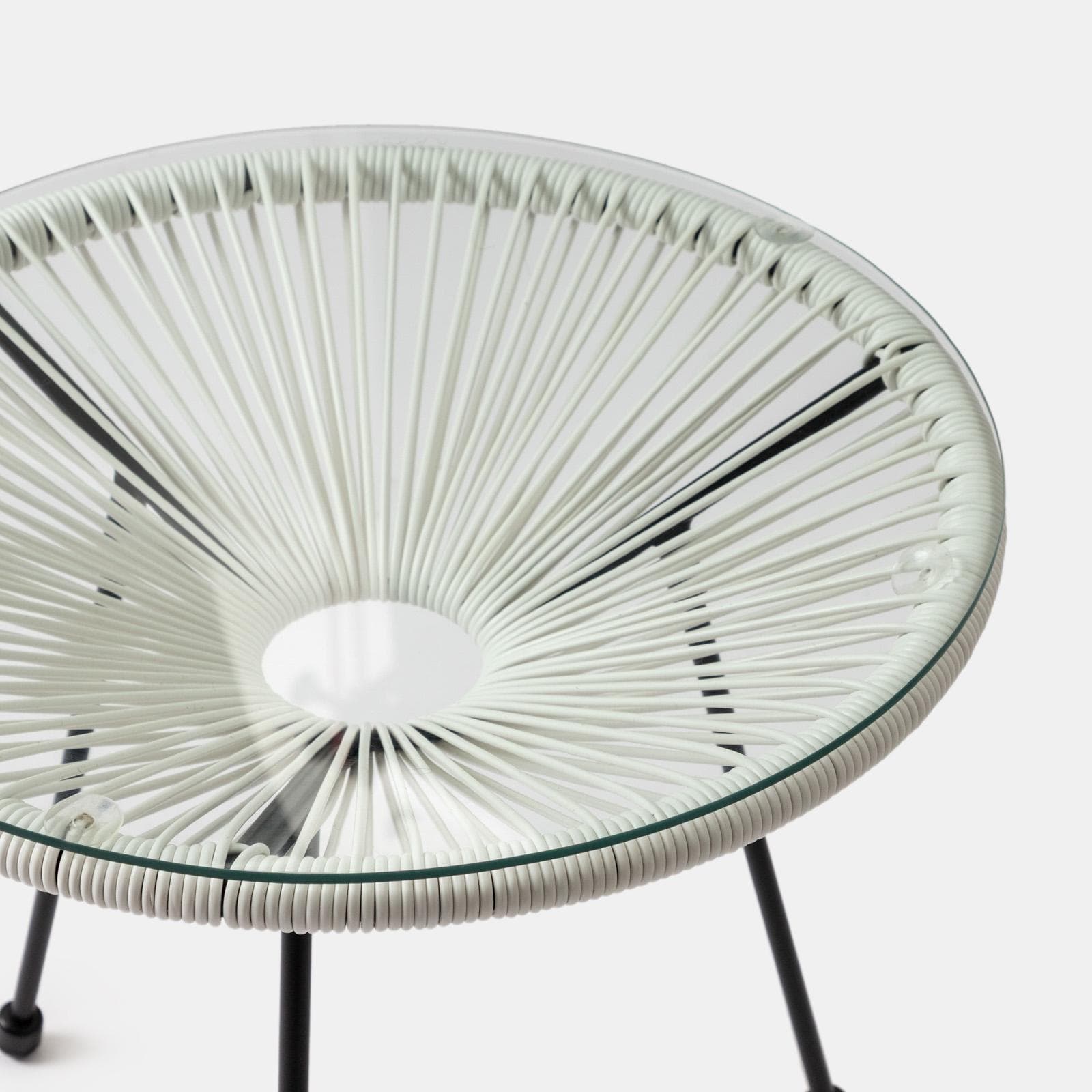 Set relax da salotto con 2 poltrone e tavolino rotondo 50 cm in acciaio e corda bianco - Kalimba
