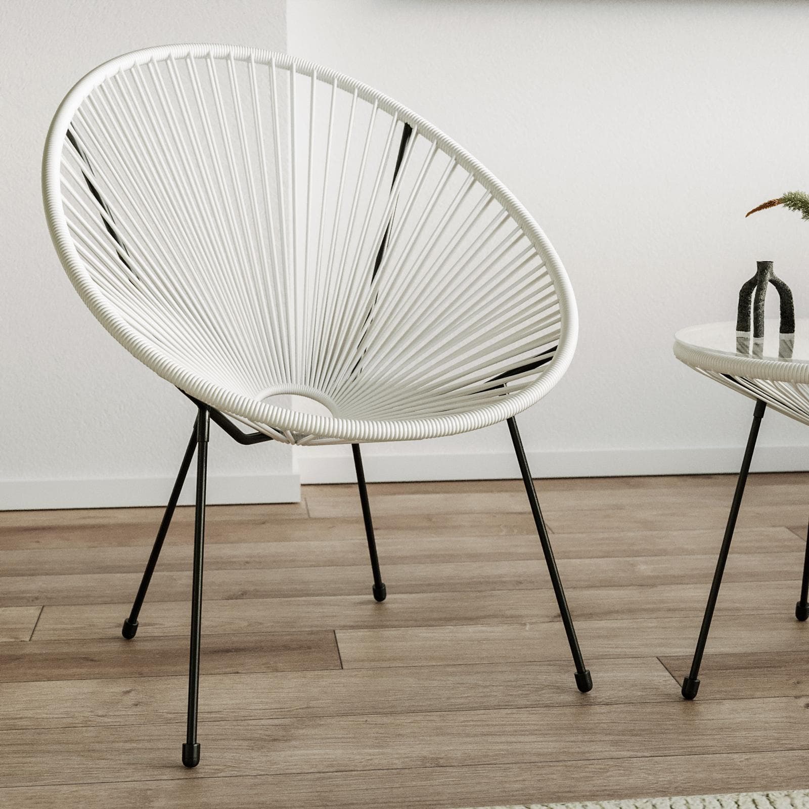 Set relax da salotto con 2 poltrone e tavolino rotondo 50 cm in acciaio e corda bianco - Kalimba