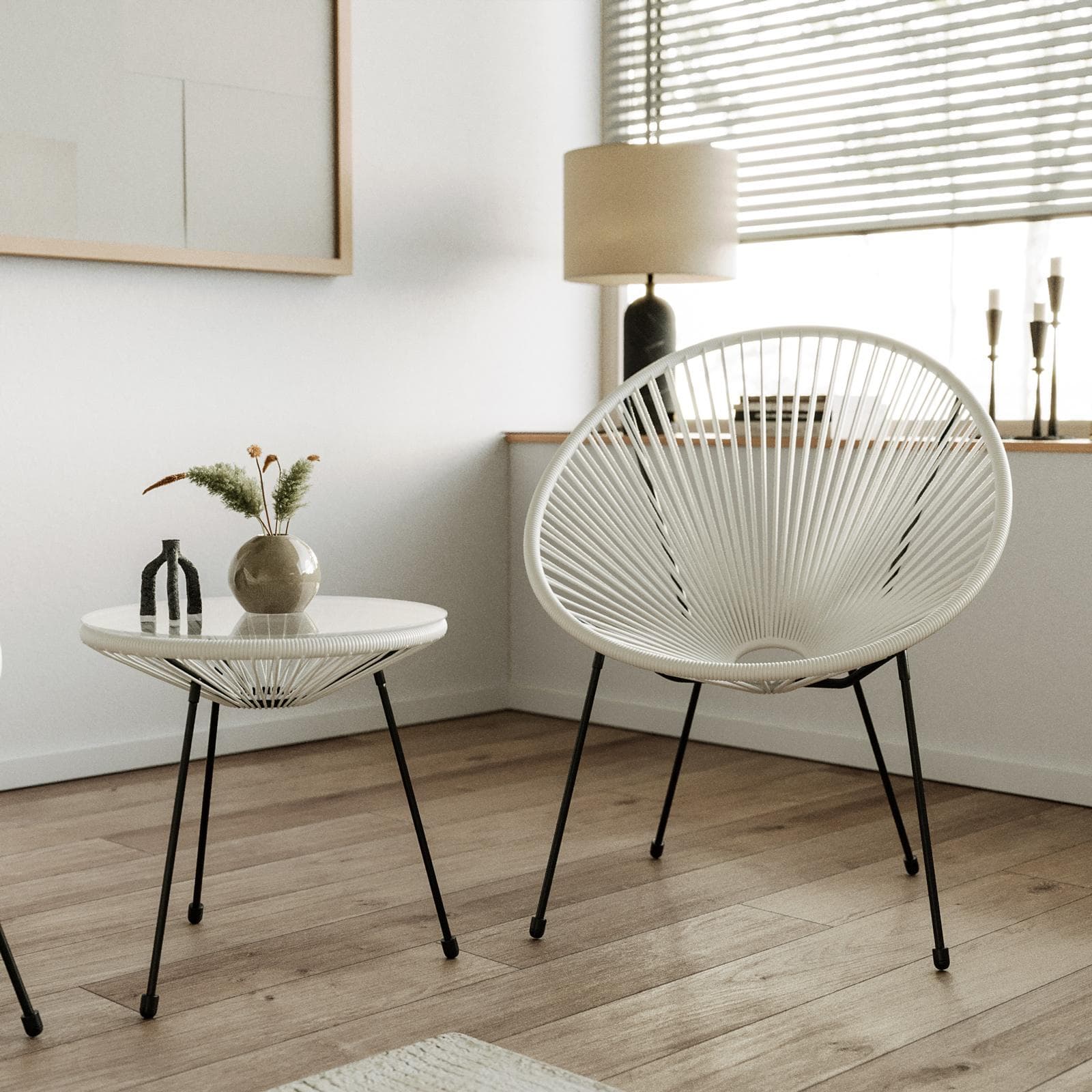 Set relax da salotto con 2 poltrone e tavolino rotondo 50 cm in acciaio e corda bianco - Kalimba
