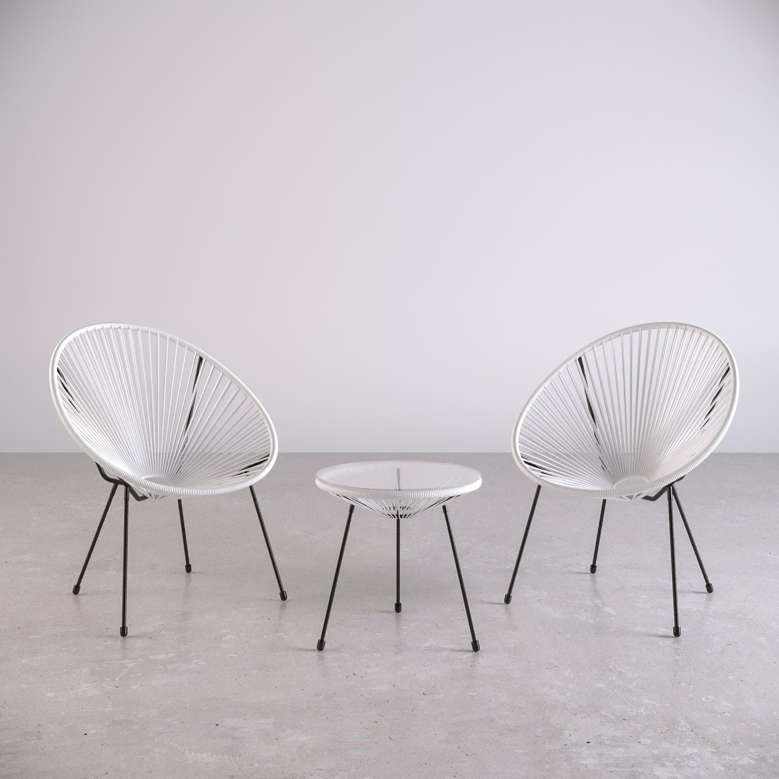 Set relax da salotto con 2 poltrone e tavolino rotondo 50 cm in acciaio e corda bianco - Kalimba
