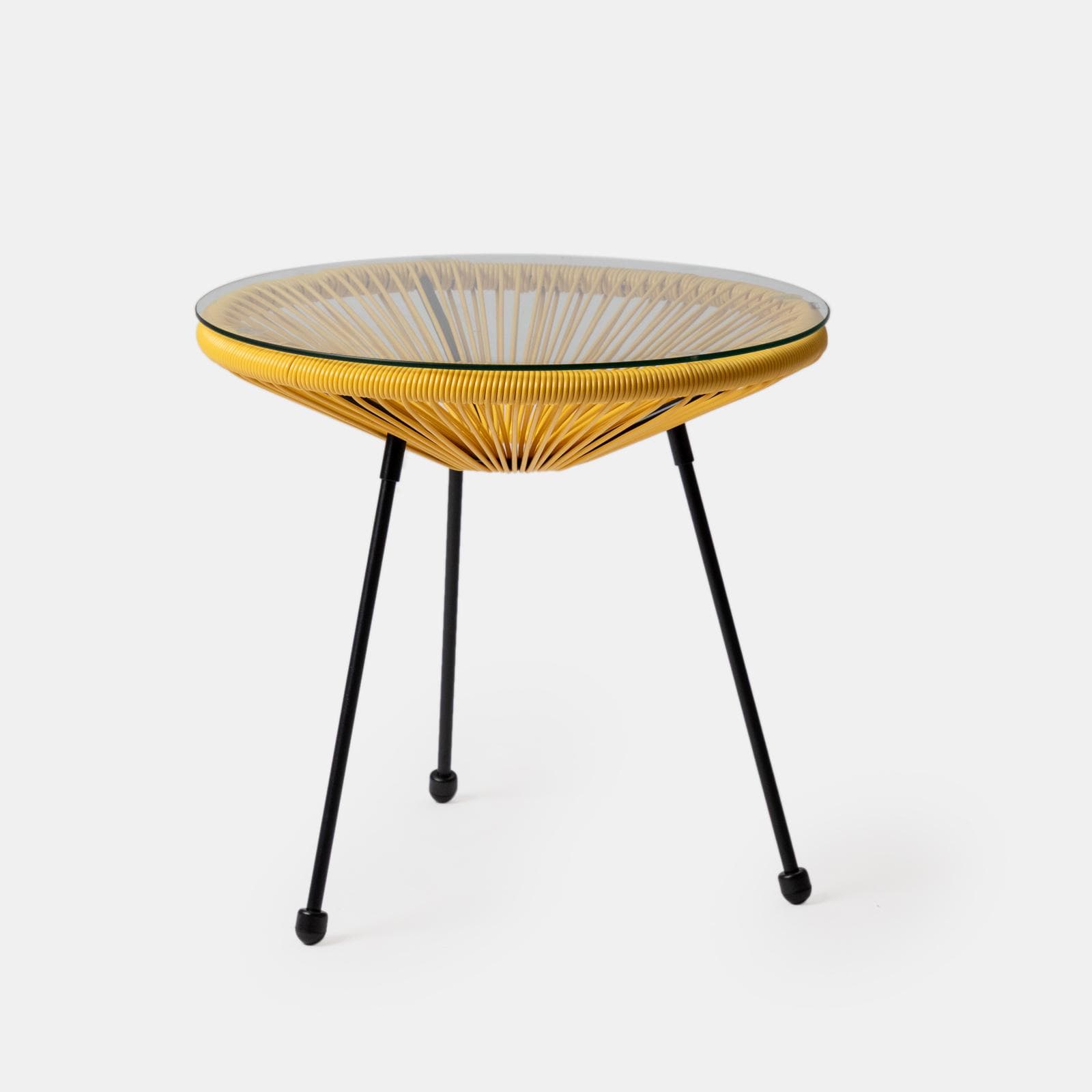Set relax da salotto con 2 poltrone e tavolino rotondo 50 cm in acciaio e corda giallo - Kalimba