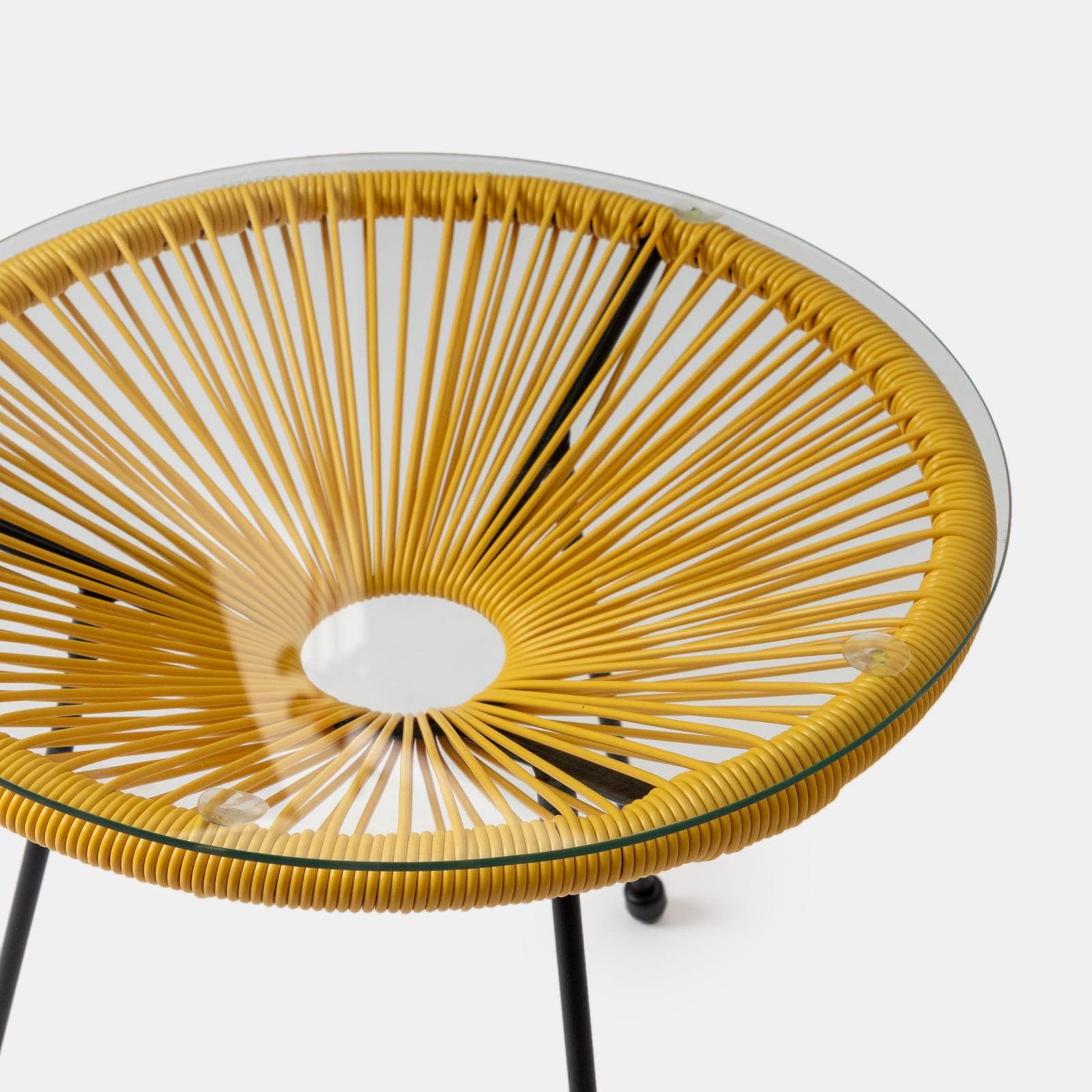 Set relax da salotto con 2 poltrone e tavolino rotondo 50 cm in acciaio e corda giallo - Kalimba