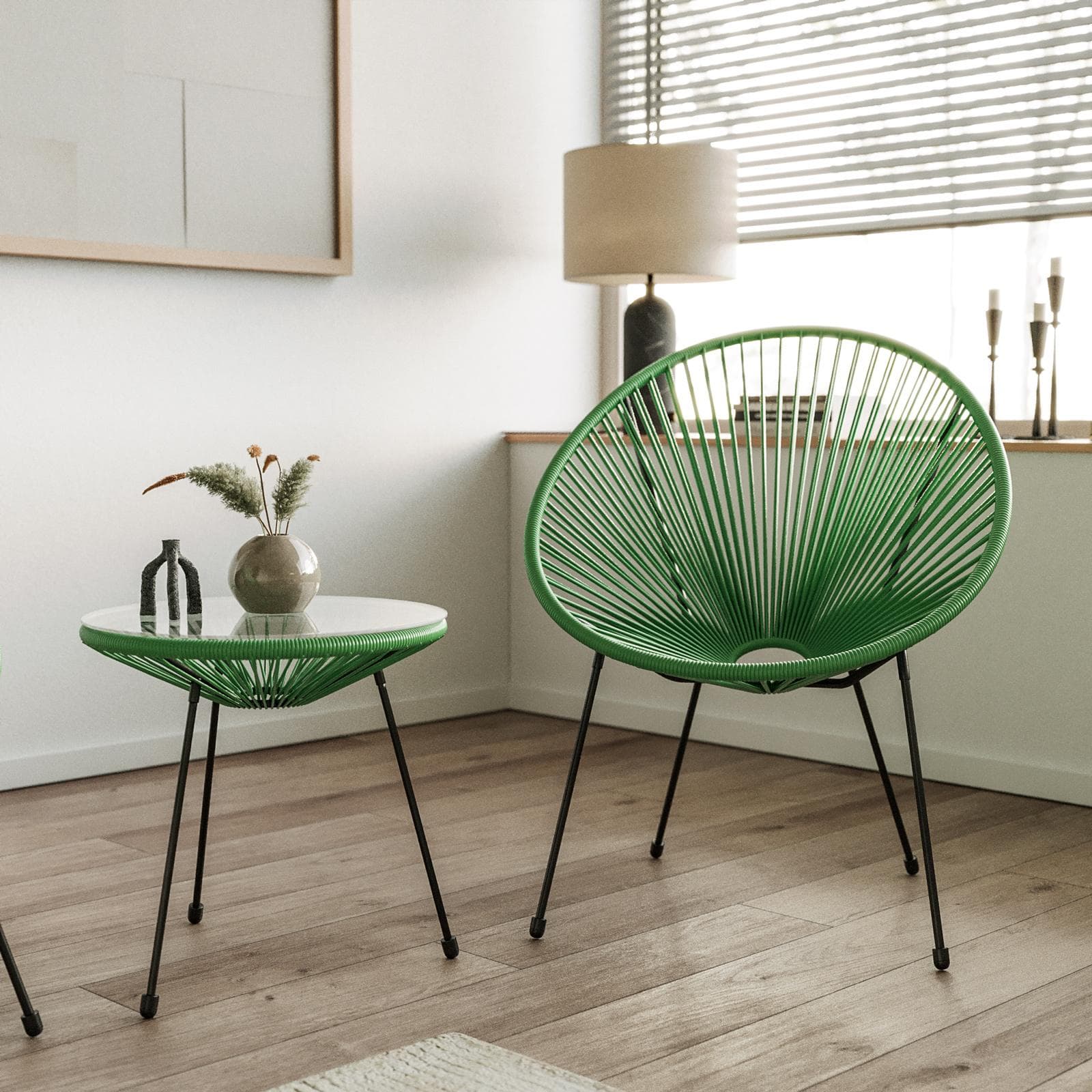 Set relax da salotto con 2 poltrone e tavolino rotondo 50 cm in acciaio e corda verde - Kalimba