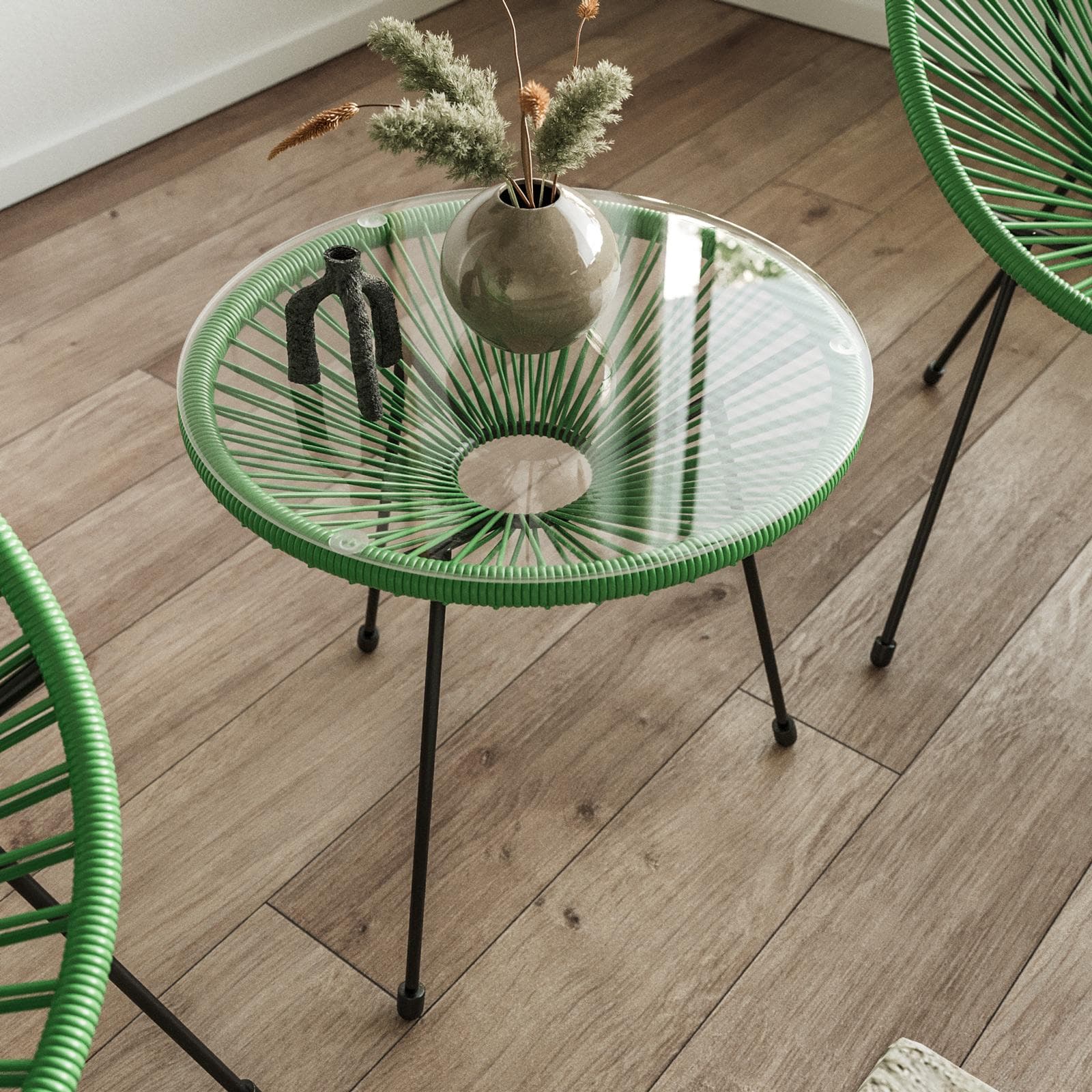 Set relax da salotto con 2 poltrone e tavolino rotondo 50 cm in acciaio e corda verde - Kalimba