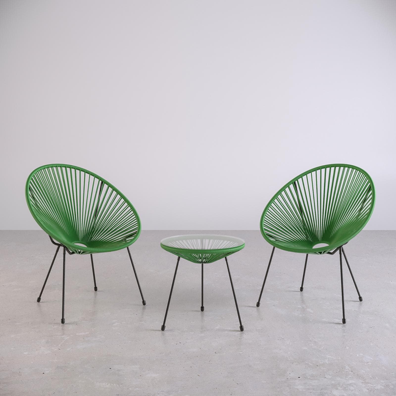 Set relax da salotto con 2 poltrone e tavolino rotondo 50 cm in acciaio e corda verde - Kalimba