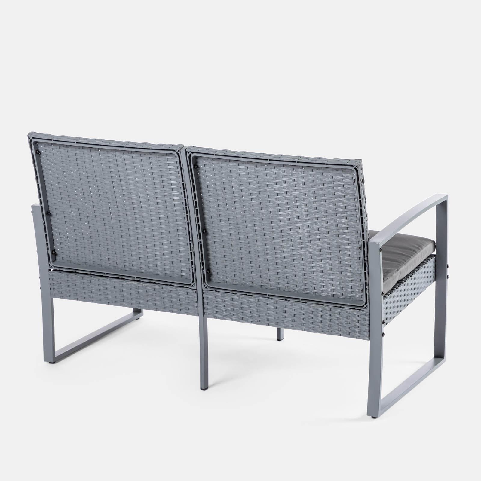 Set relax divano 2 poltrone e tavolino in polyrattan e acciaio grigio – Jerez