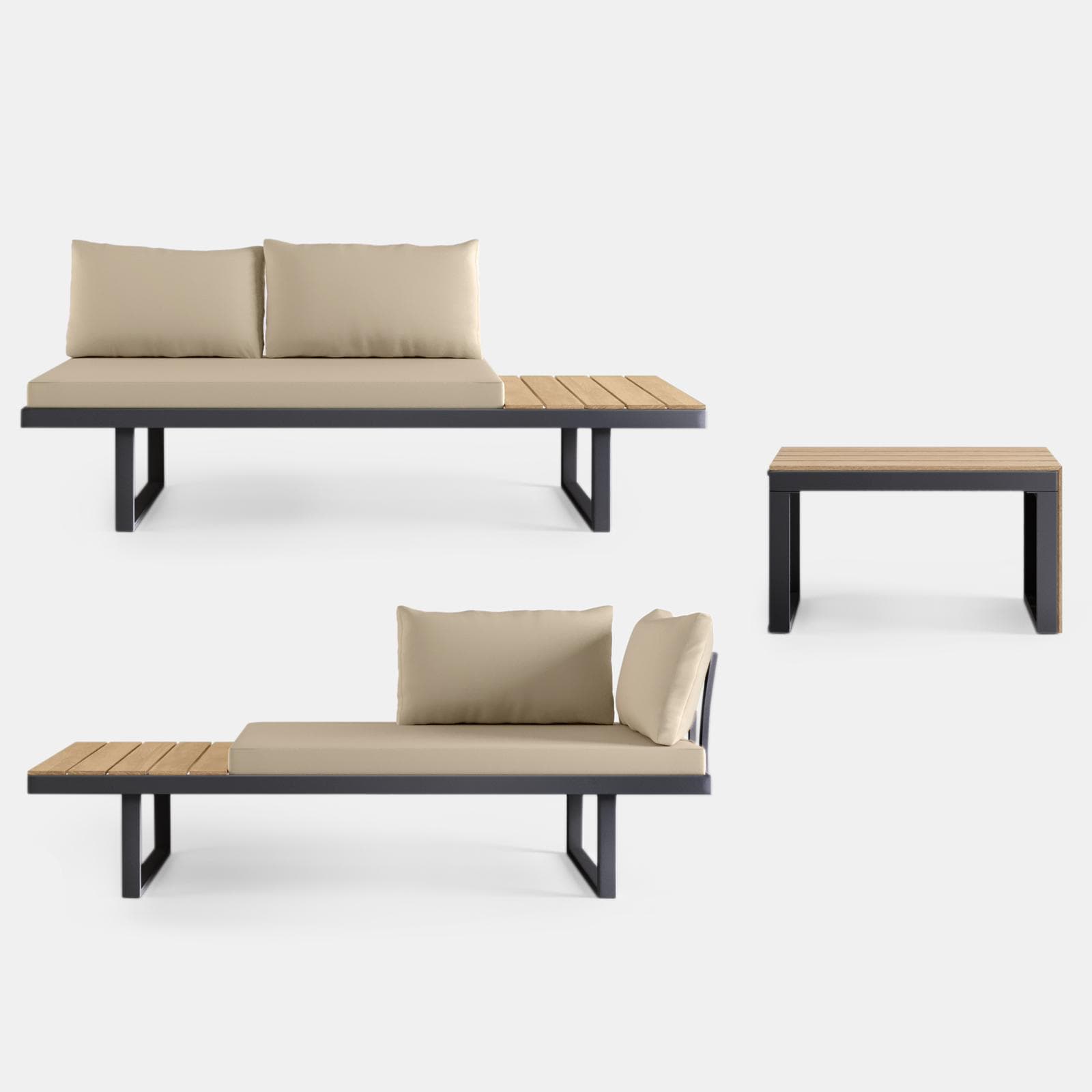 Set relax modulare in alluminio antracite e dettagli effetto legno con cuscini tortora - Scilla