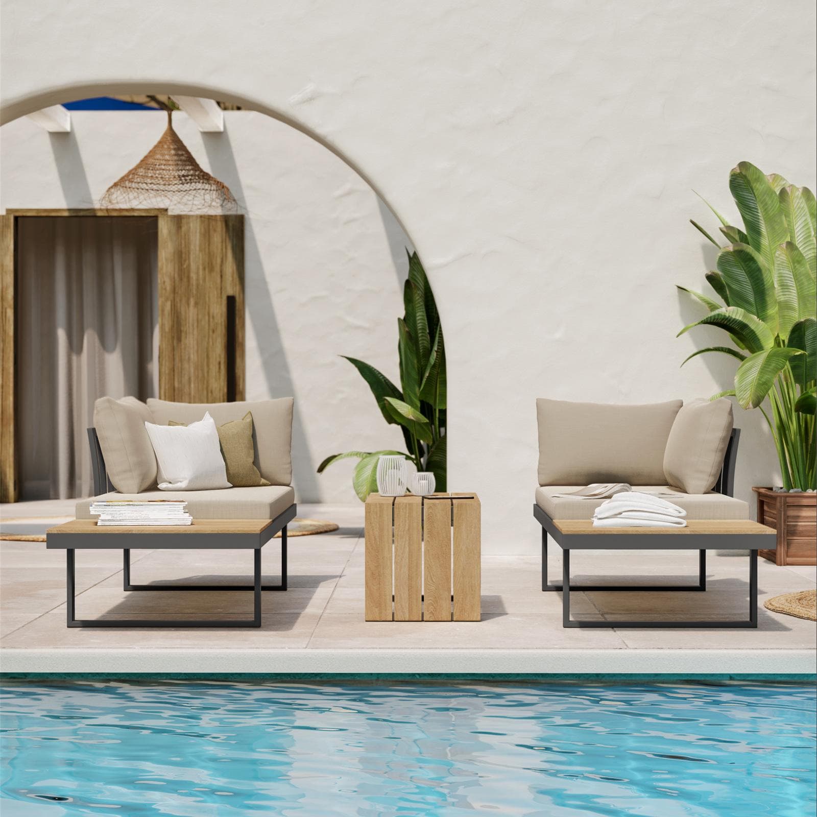 Set relax modulare in alluminio antracite e dettagli effetto legno con cuscini tortora - Scilla