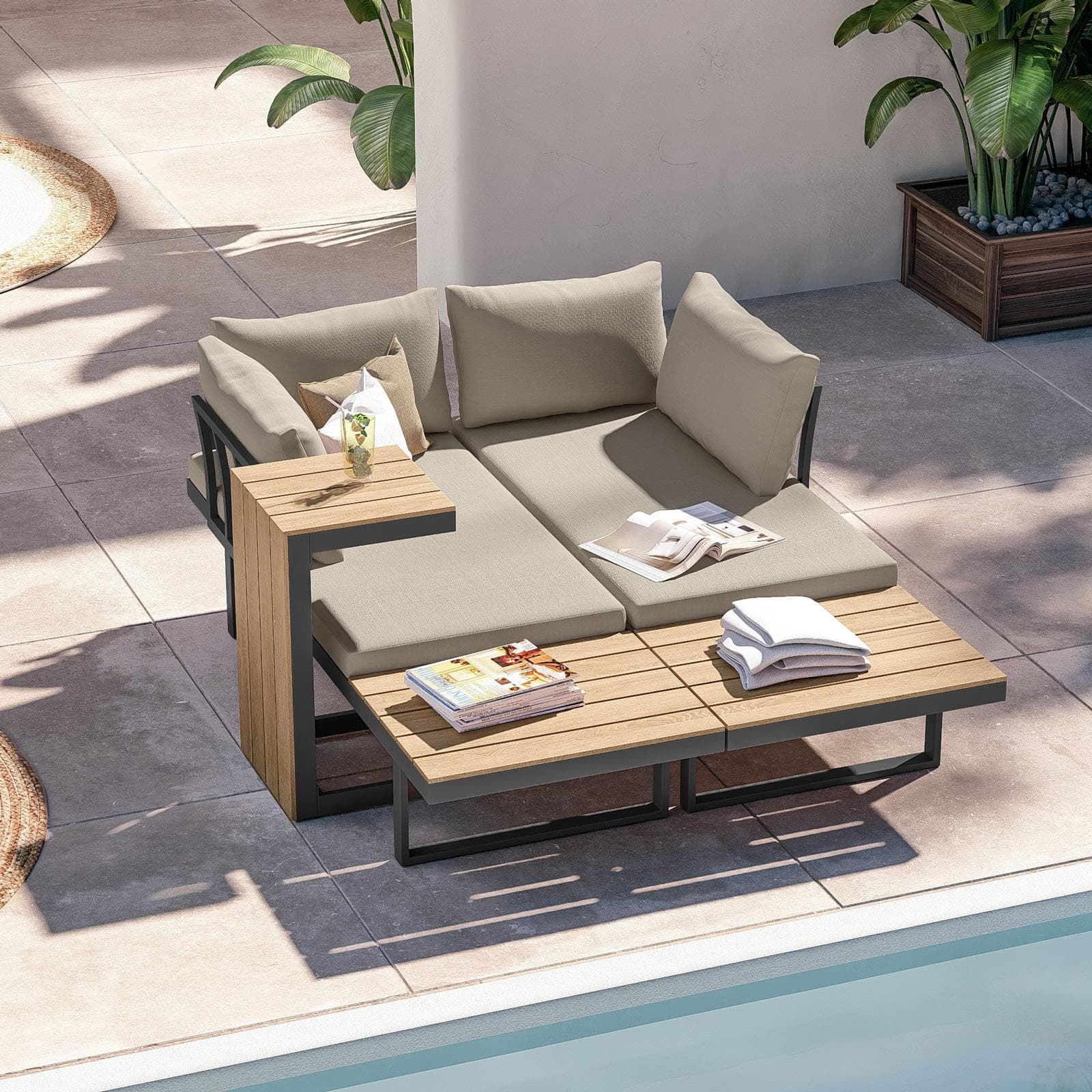 Set relax modulare in alluminio antracite e dettagli effetto legno con cuscini tortora - Scilla