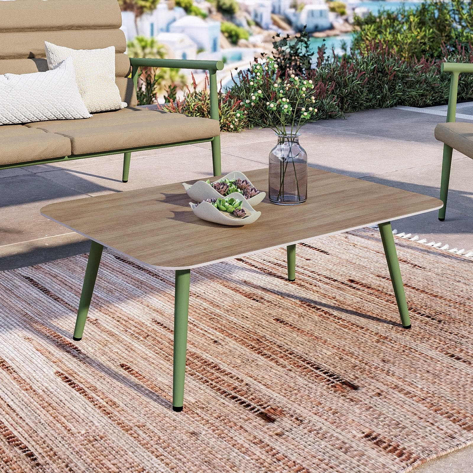 Set relax divano due poltrone e tavolino in alluminio verde opaco con cuscini - Elyzor