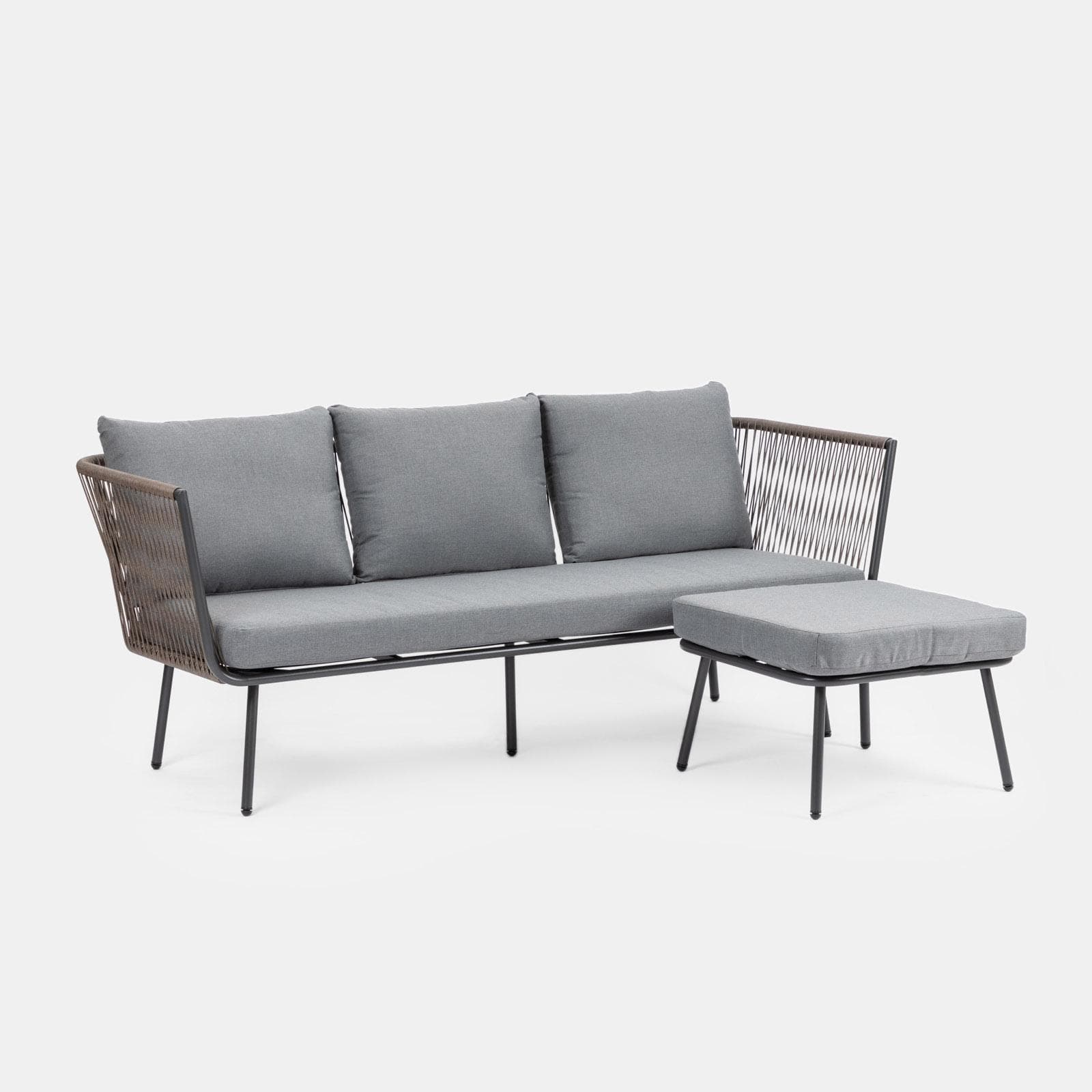 Set relax divano pouf e 2 tavolini in acciaio e polyrattan grigio - Klaus