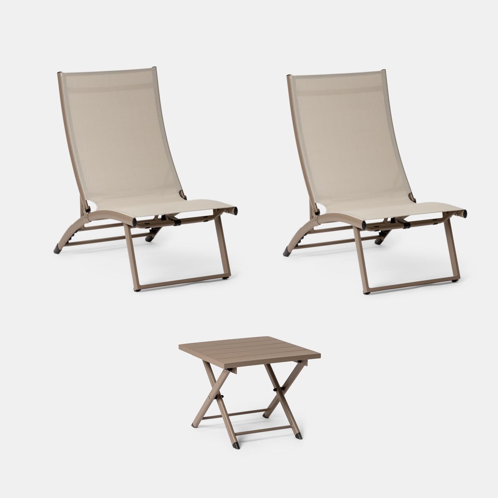 Set relax due poltrone in textilene e tavolino da caffè 44x43 cm in alluminio tortora - Jonit