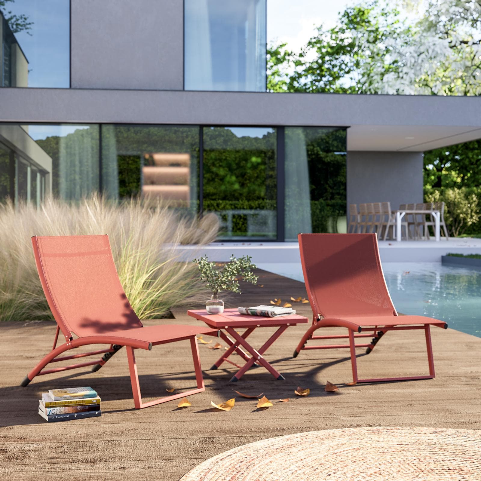 Set relax due poltrone in textilene e tavolino da caffè 44x43 cm in alluminio terracotta - Jonit