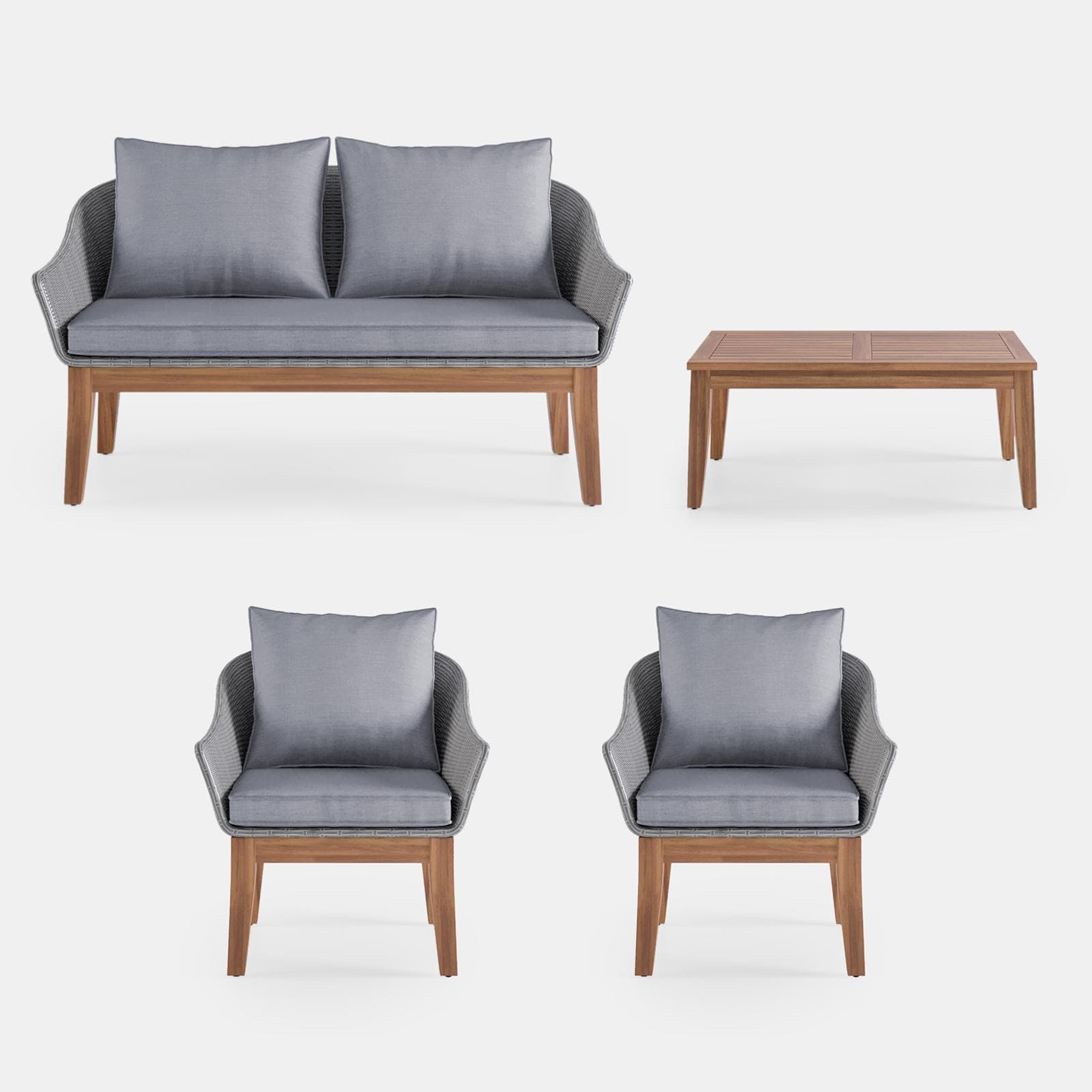 Set relax in polyrattan grigio e legno di acacia con cuscini - Guava
