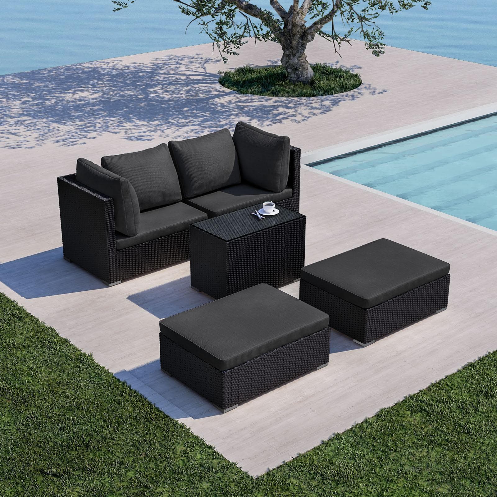 Set relax modulare divano 2 pouf e tavolino con top in vetro in polyrattan nero - Tropico