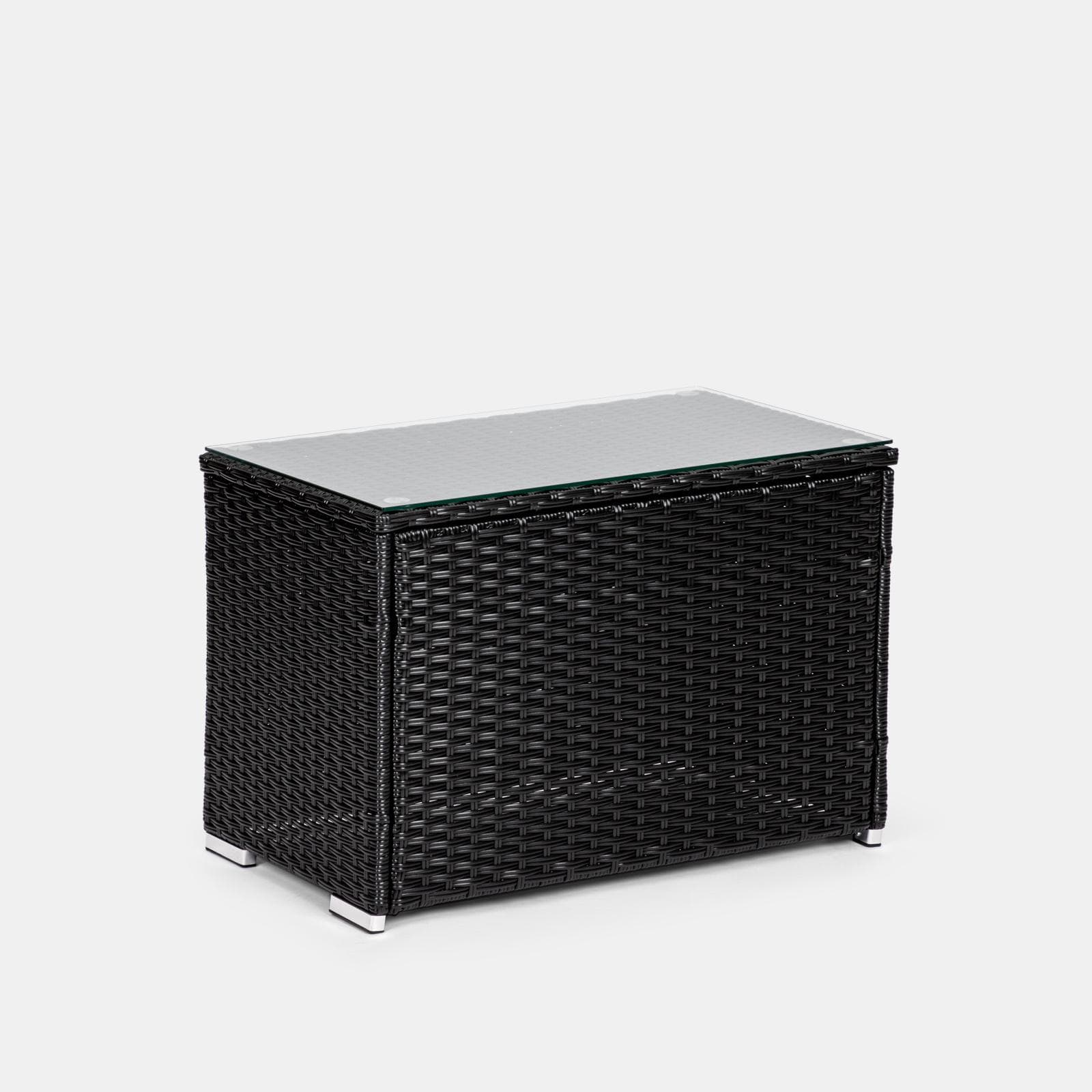 Set relax modulare divano 2 pouf e tavolino con top in vetro in polyrattan nero - Tropico