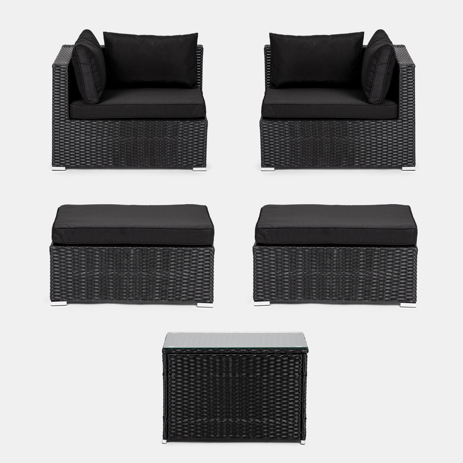 Set relax modulare divano 2 pouf e tavolino con top in vetro in polyrattan nero - Tropico