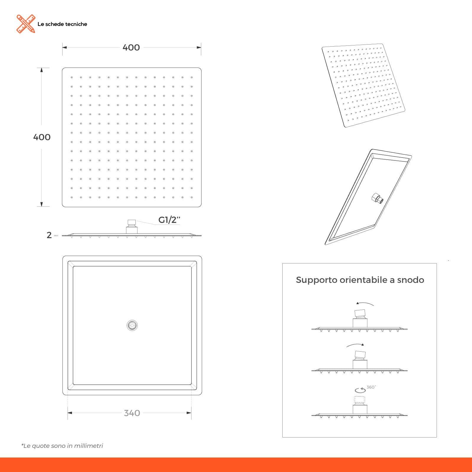 Set soffione ultraslim 40x40 cm con braccio doccia a gomito 40 cm nero opaco