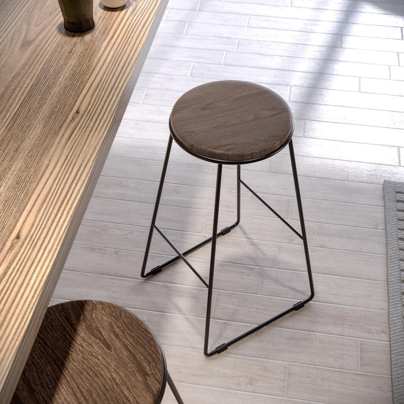 Sgabello con seduta rovere scuro e struttura in metallo nero - Banzai