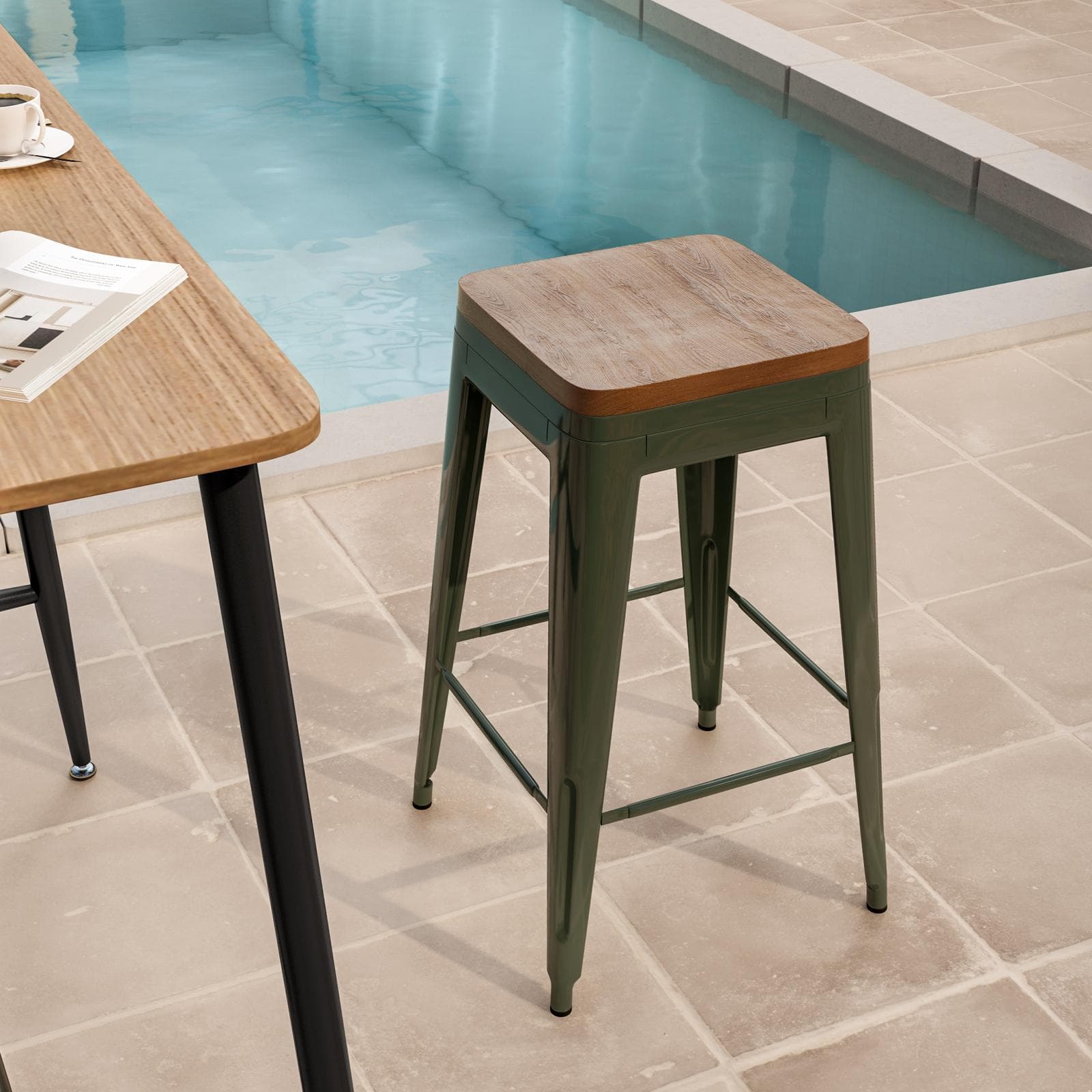 Sgabello da giardino impilabile stile industrial in metallo verde con seduta in legno - Farley