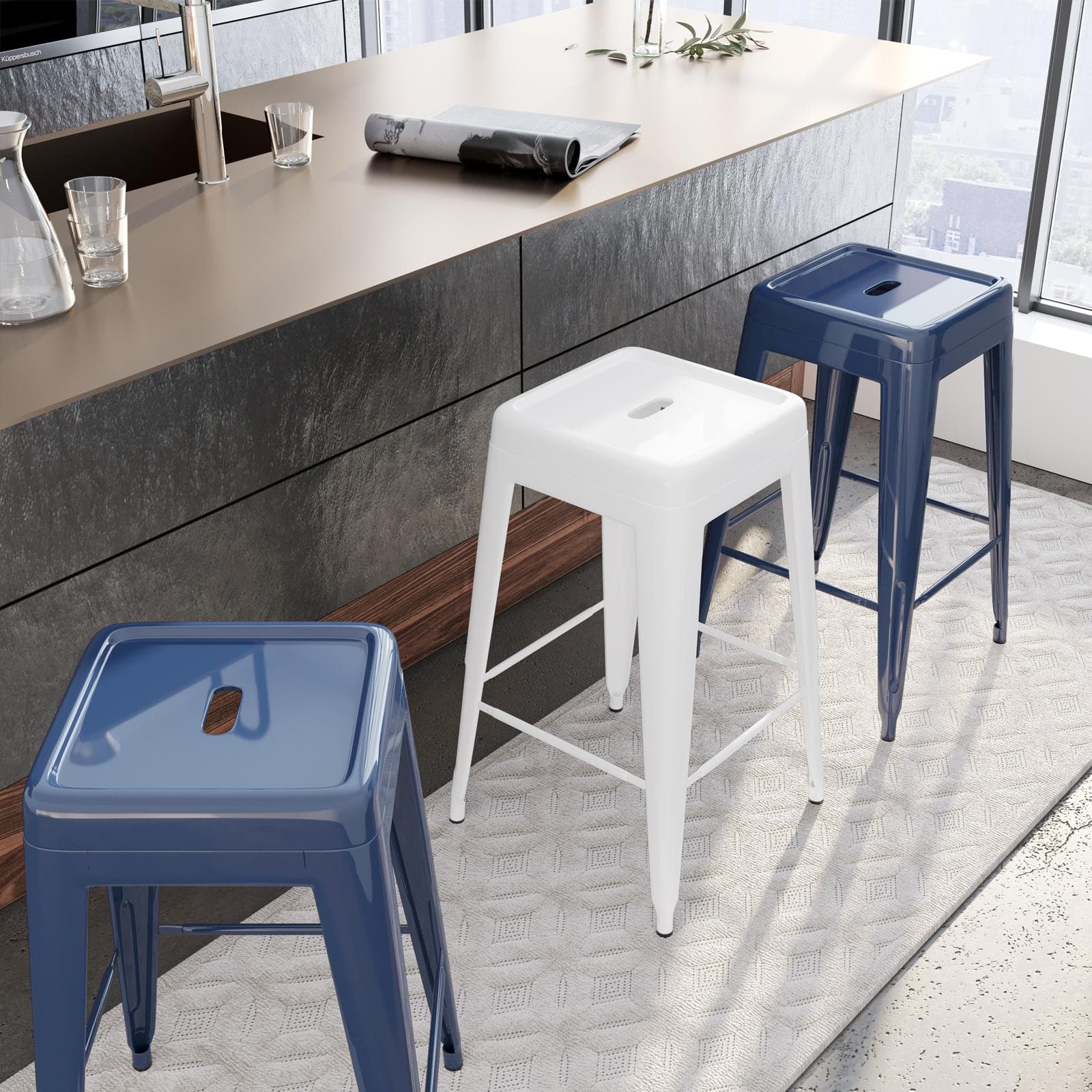 Sgabello impilabile stile industrial in metallo blu notte - Farley