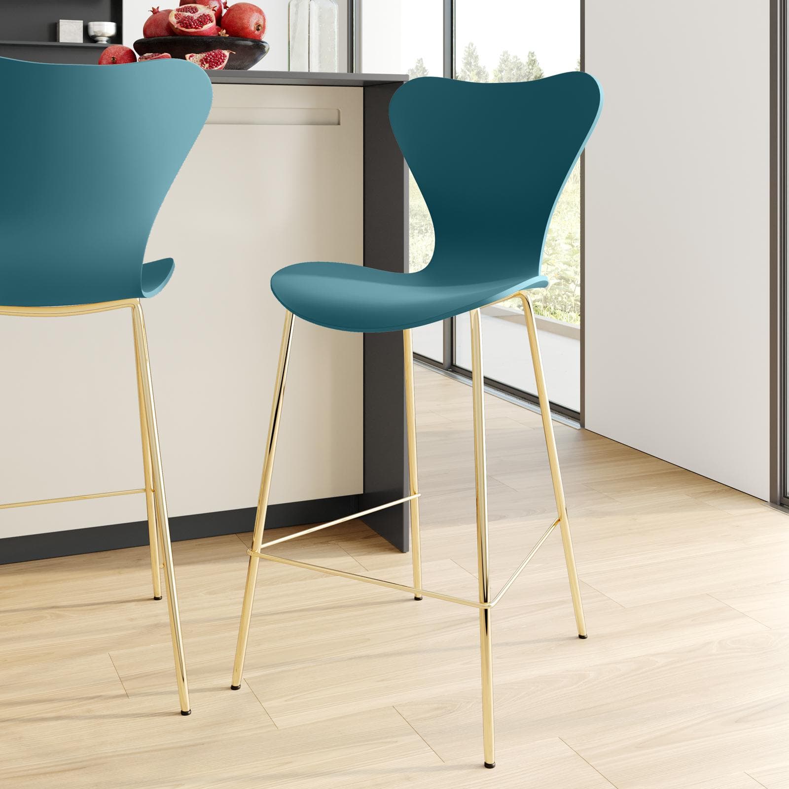 Sgabello in polipropilene blu petrolio con seduta effetto legno e gambe oro - Dolly