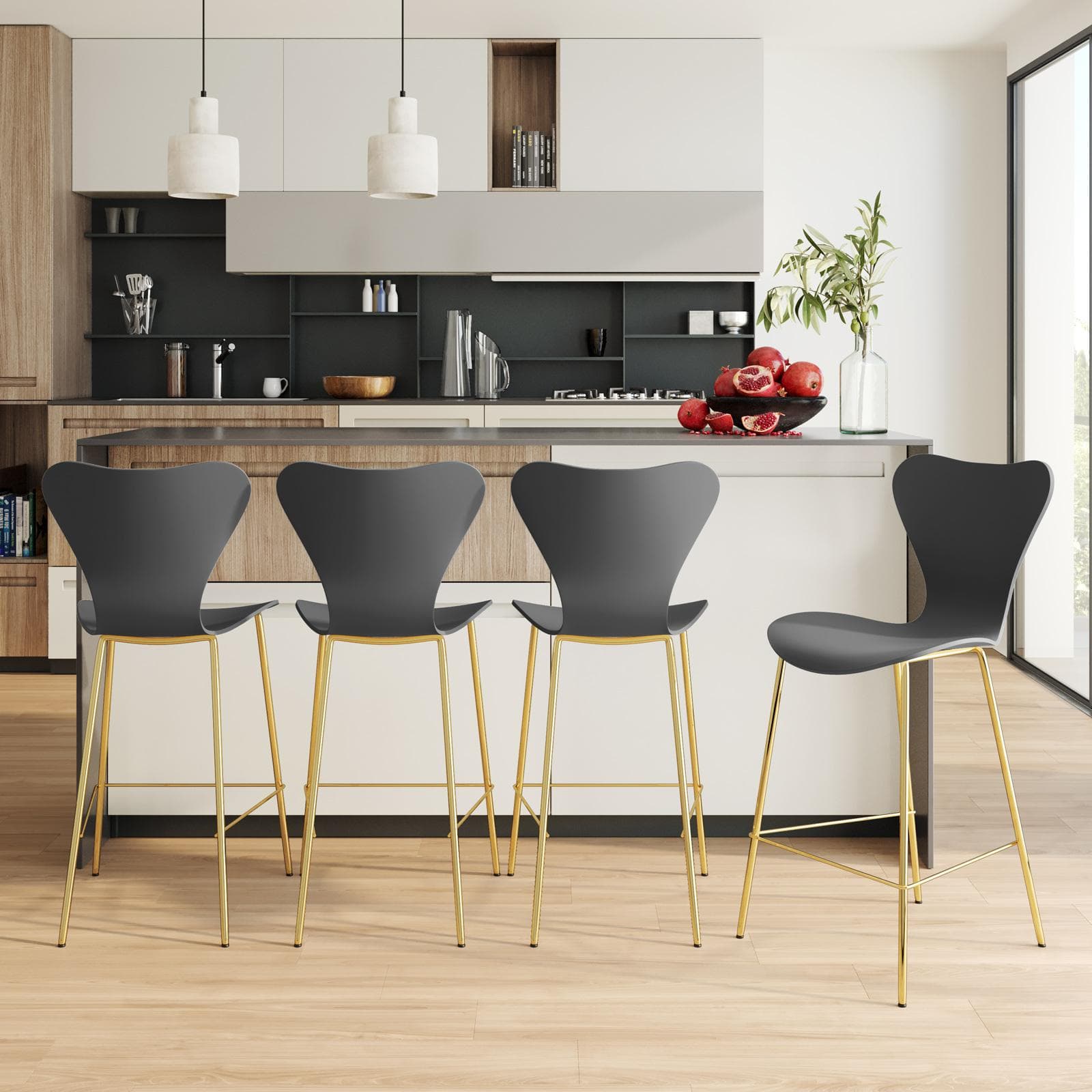 Sgabello in polipropilene grigio scuro seduta effetto legno e con gambe oro - Dolly
