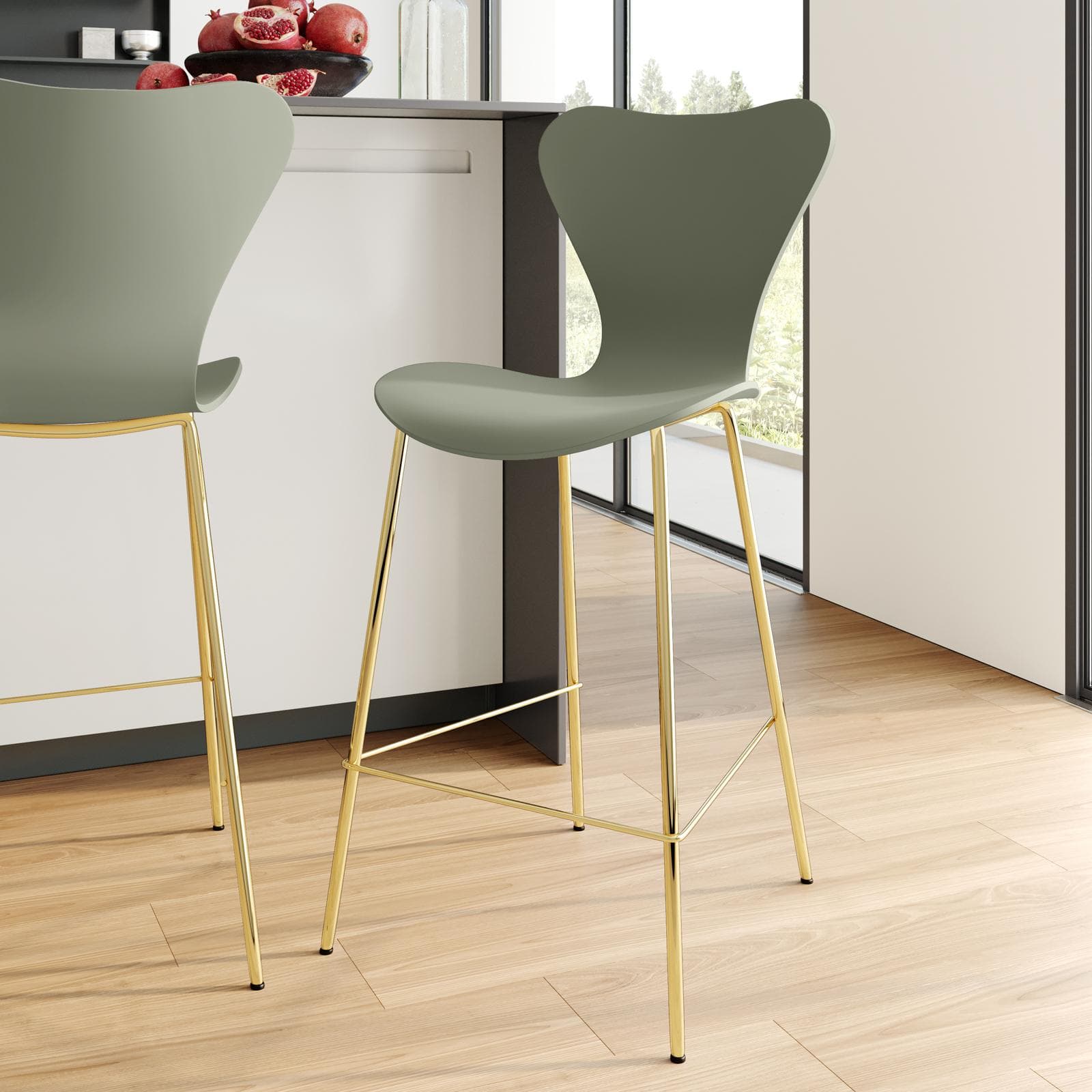 Sgabello in polipropilene verde salvia con seduta effetto legno e gambe oro - Dolly