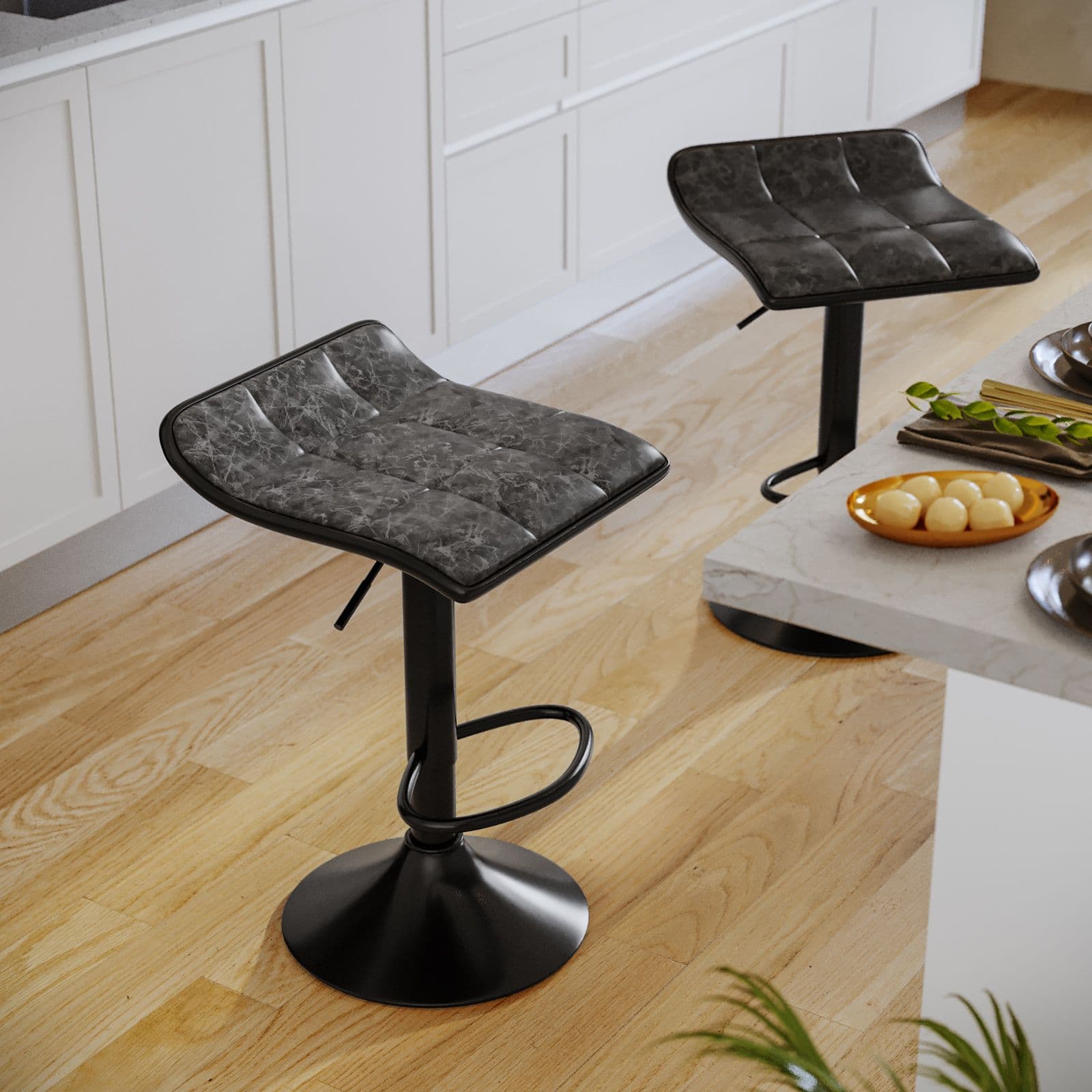 Sgabello in similpelle trapuntato grigio con base nera ed altezza regolabile - Kerm