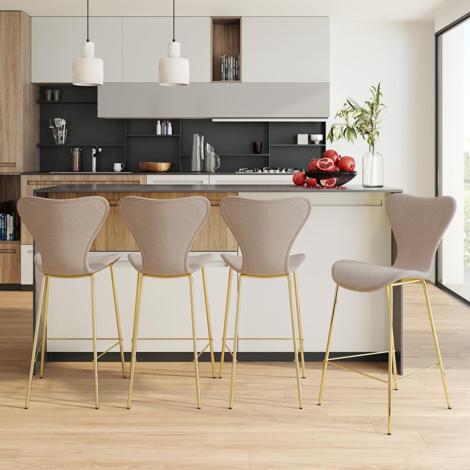 Sgabello in tessuto rosa nude con gambe oro - Dolly