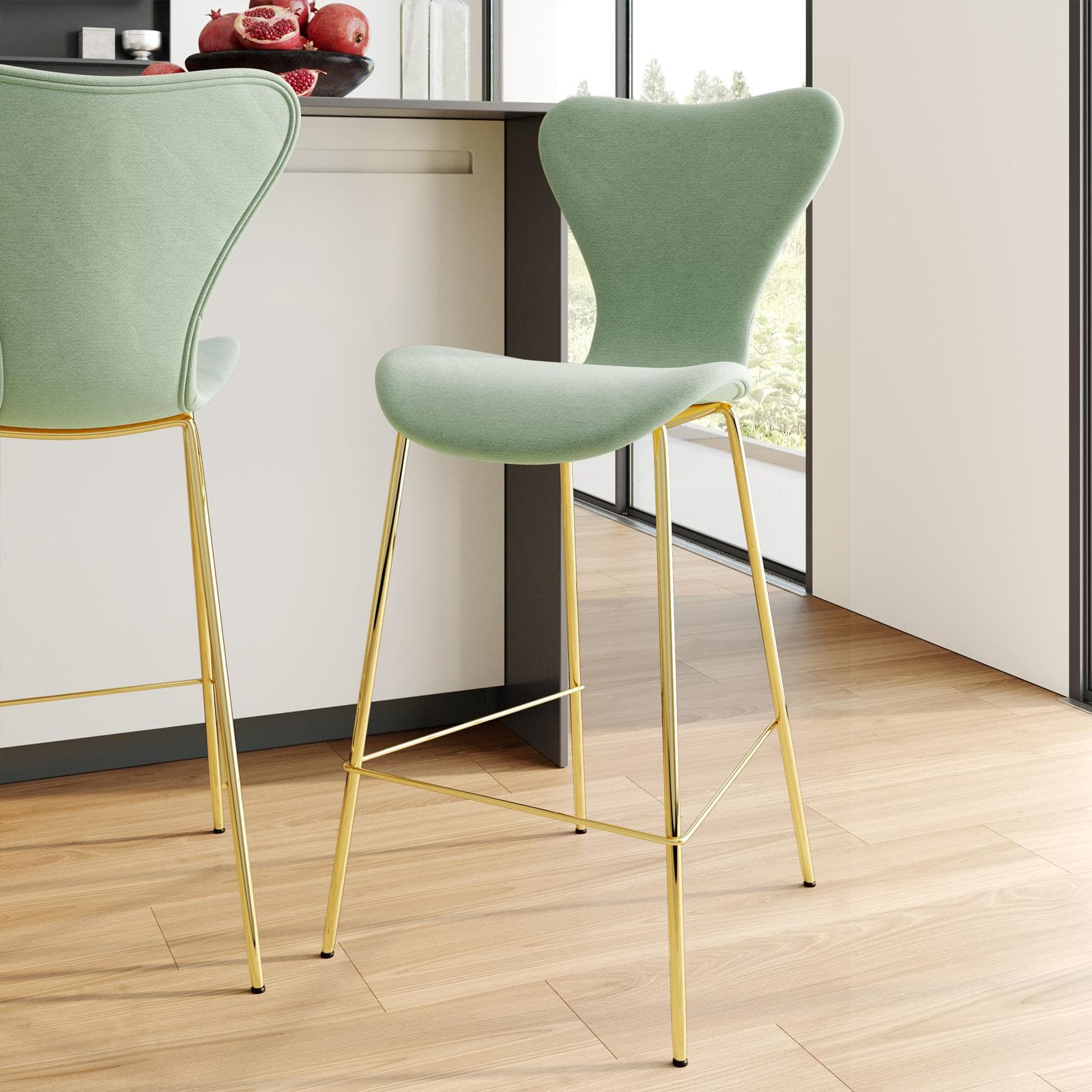 Sgabello in tessuto verde celadon con gambe oro - Dolly