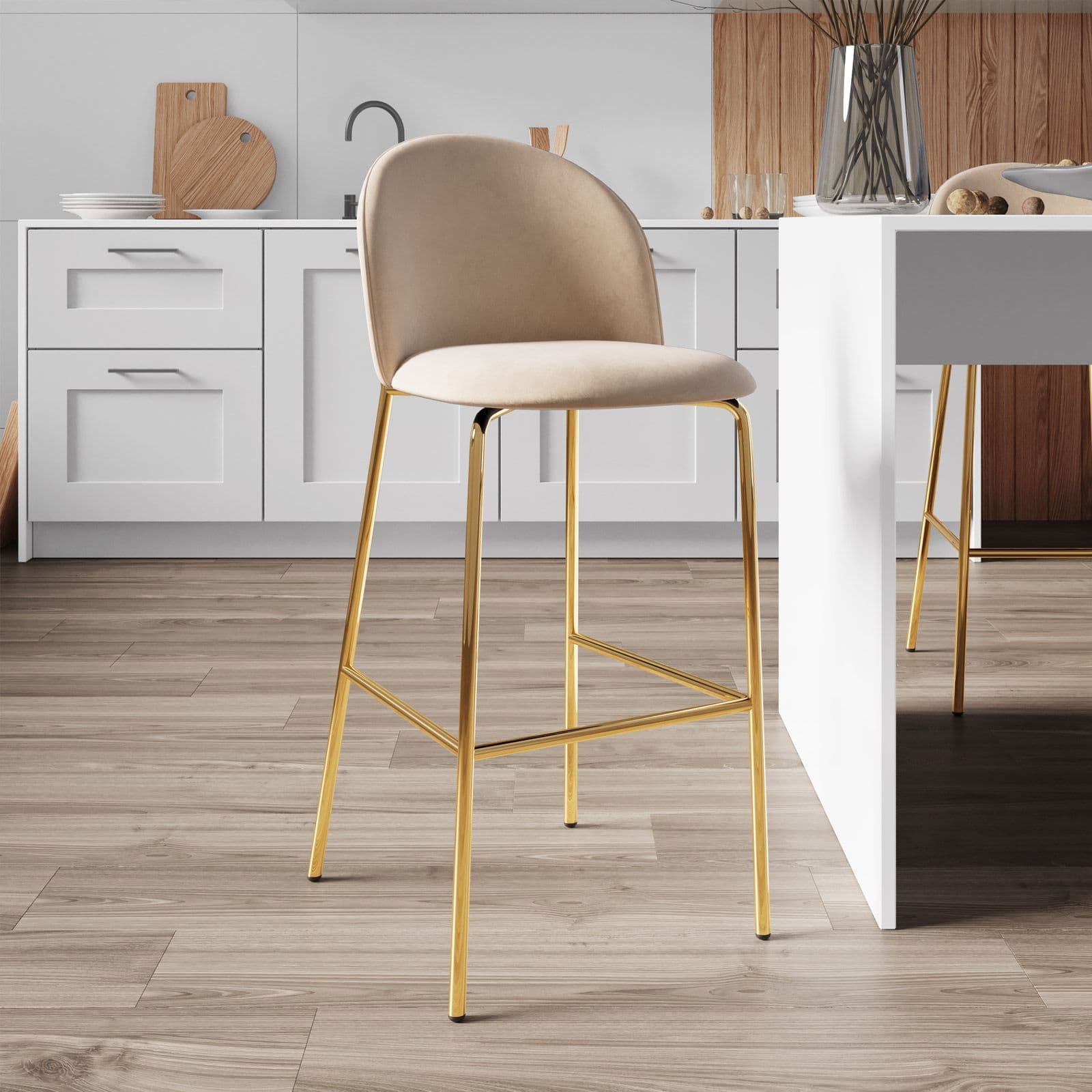 Sgabello in velluto beige con gambe e poggiapiedi in metallo finitura oro - Zilla
