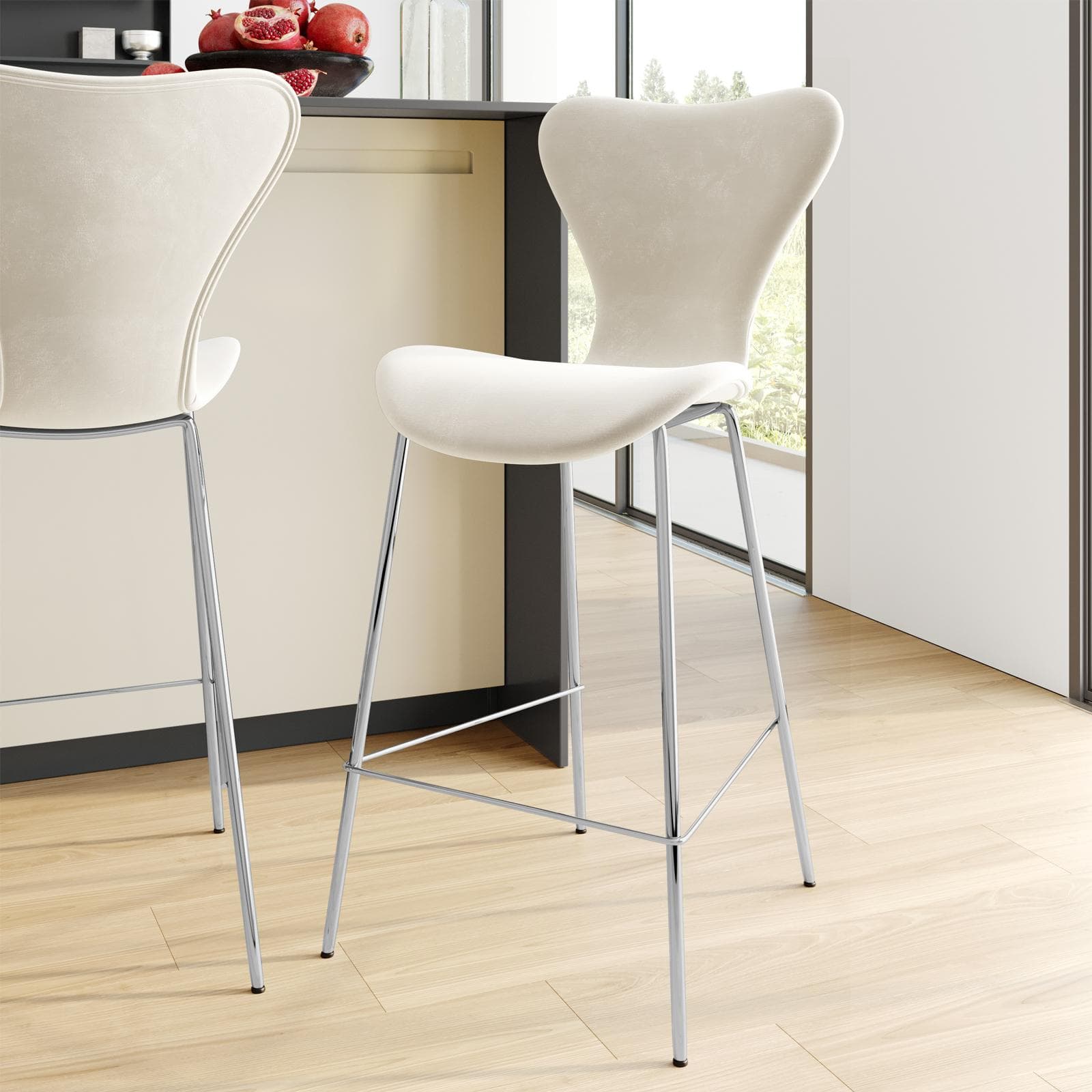 Sgabello velluto crema con gambe cromo - Dolly