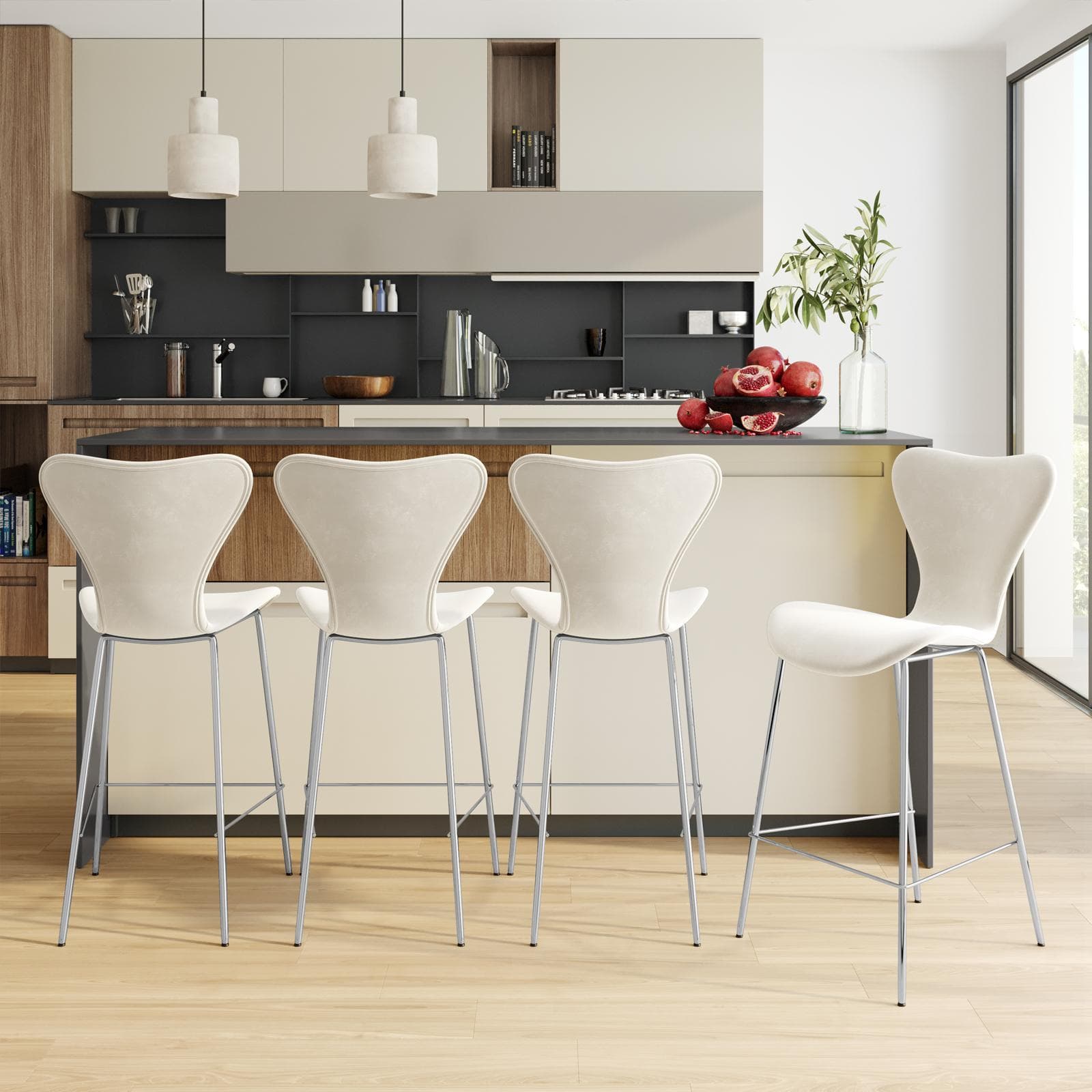 Sgabello velluto crema con gambe cromo - Dolly