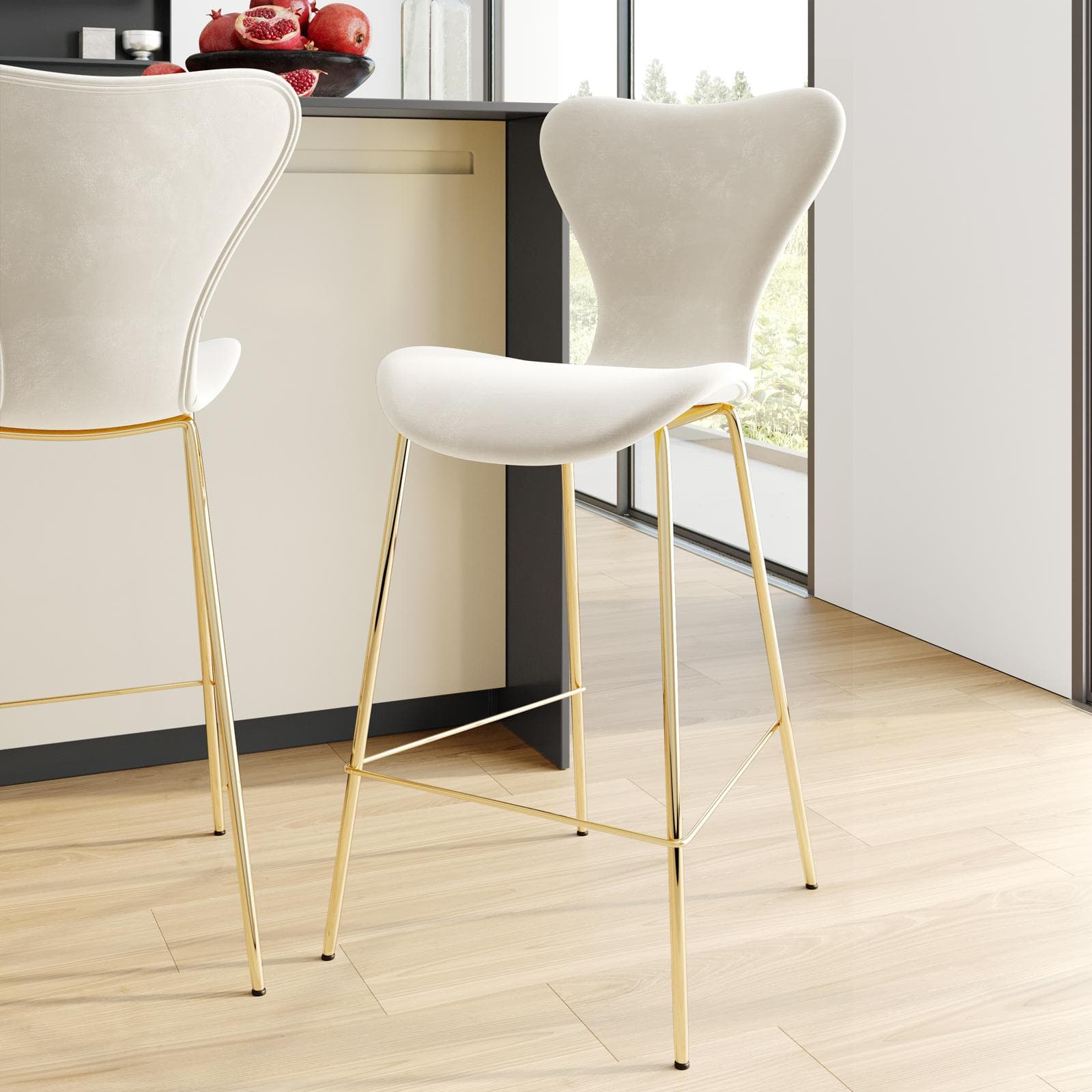 Sgabello in velluto crema con gambe oro - Dolly