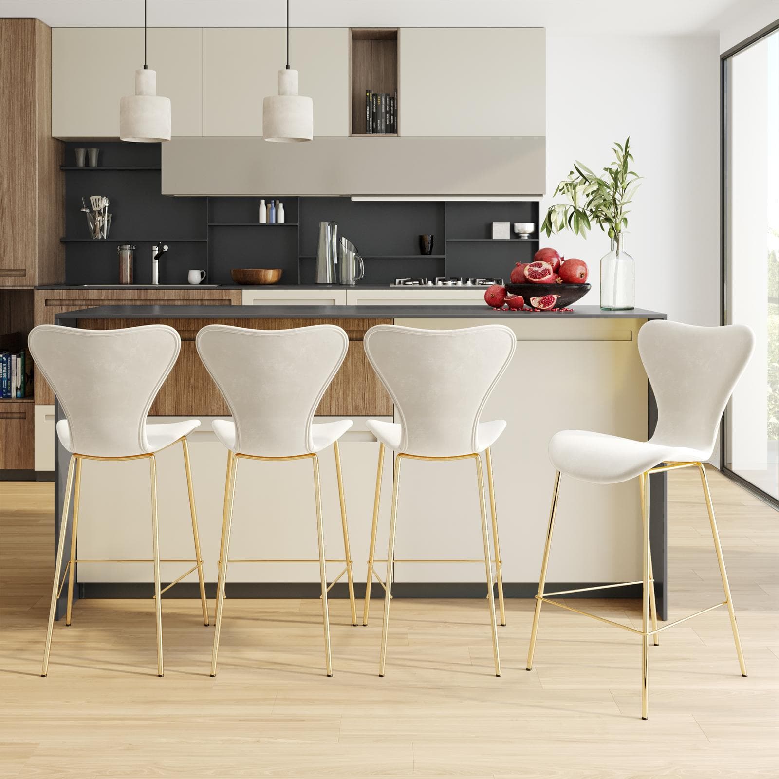 Sgabello in velluto crema con gambe oro - Dolly