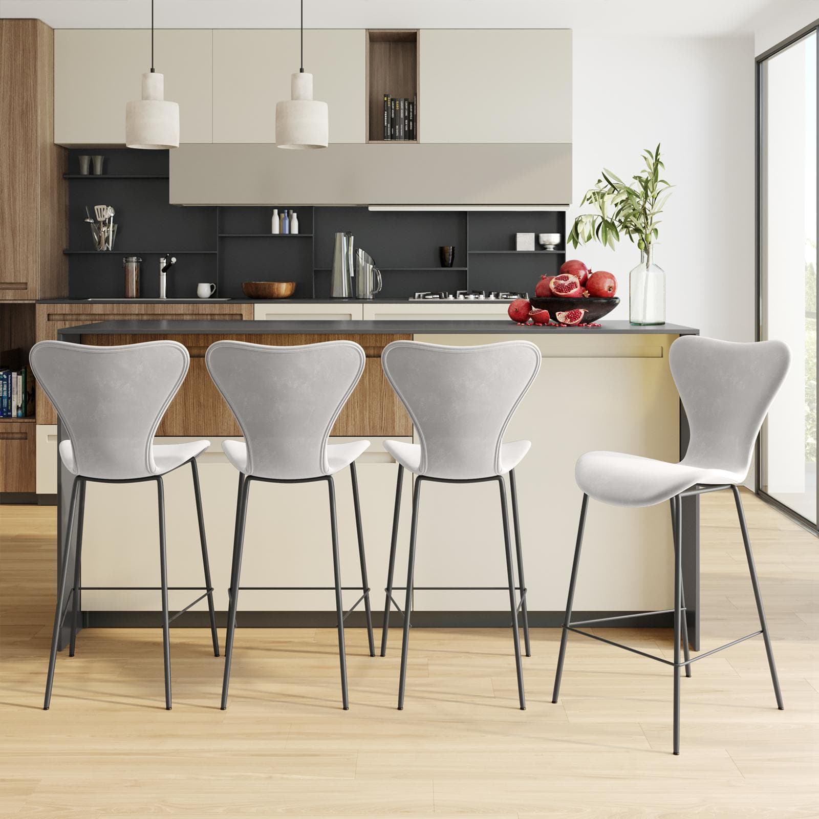 Sgabello in velluto grigio ghiaccio con gambe in metallo nero - Dolly