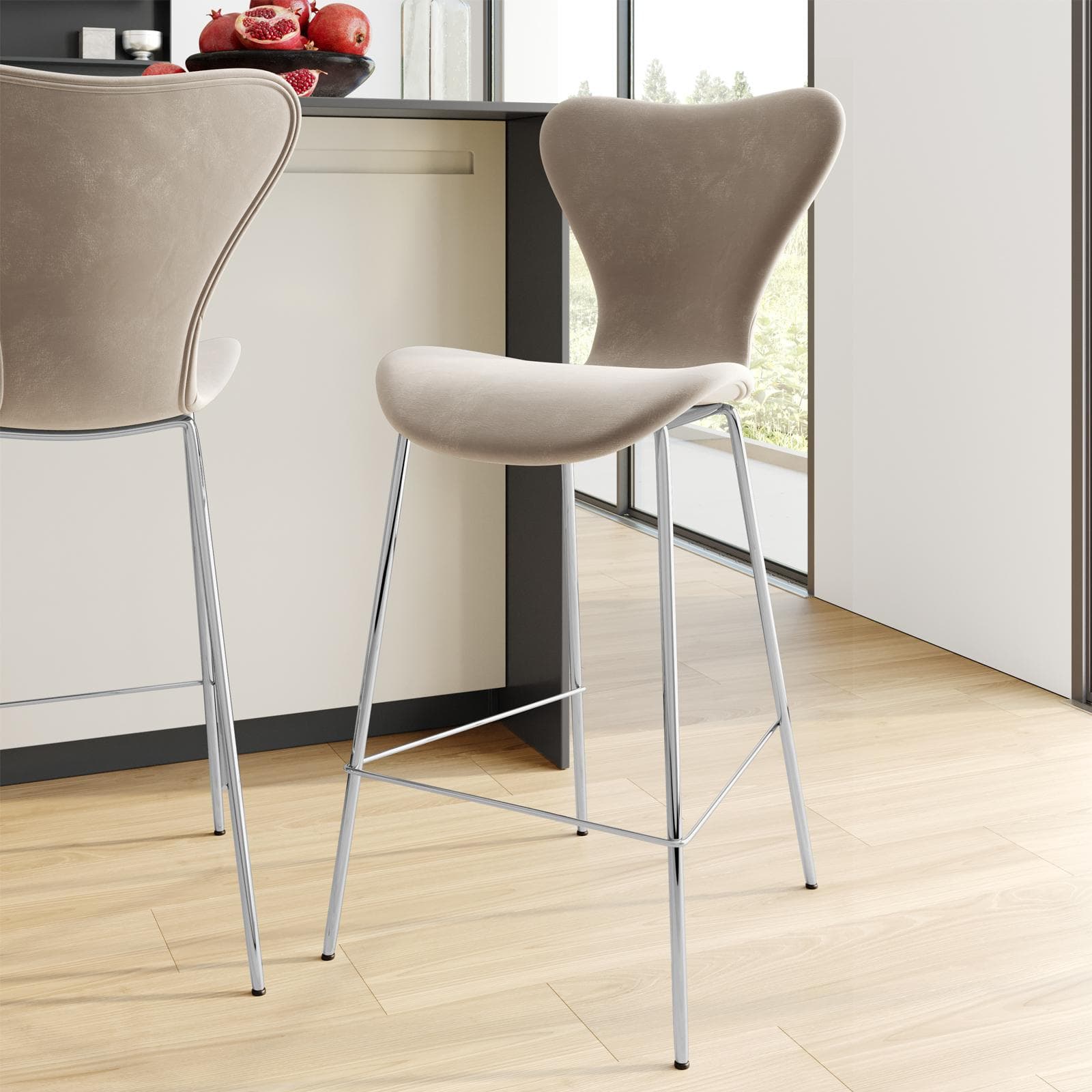 Sgabello velluto tortora con gambe cromo - Dolly