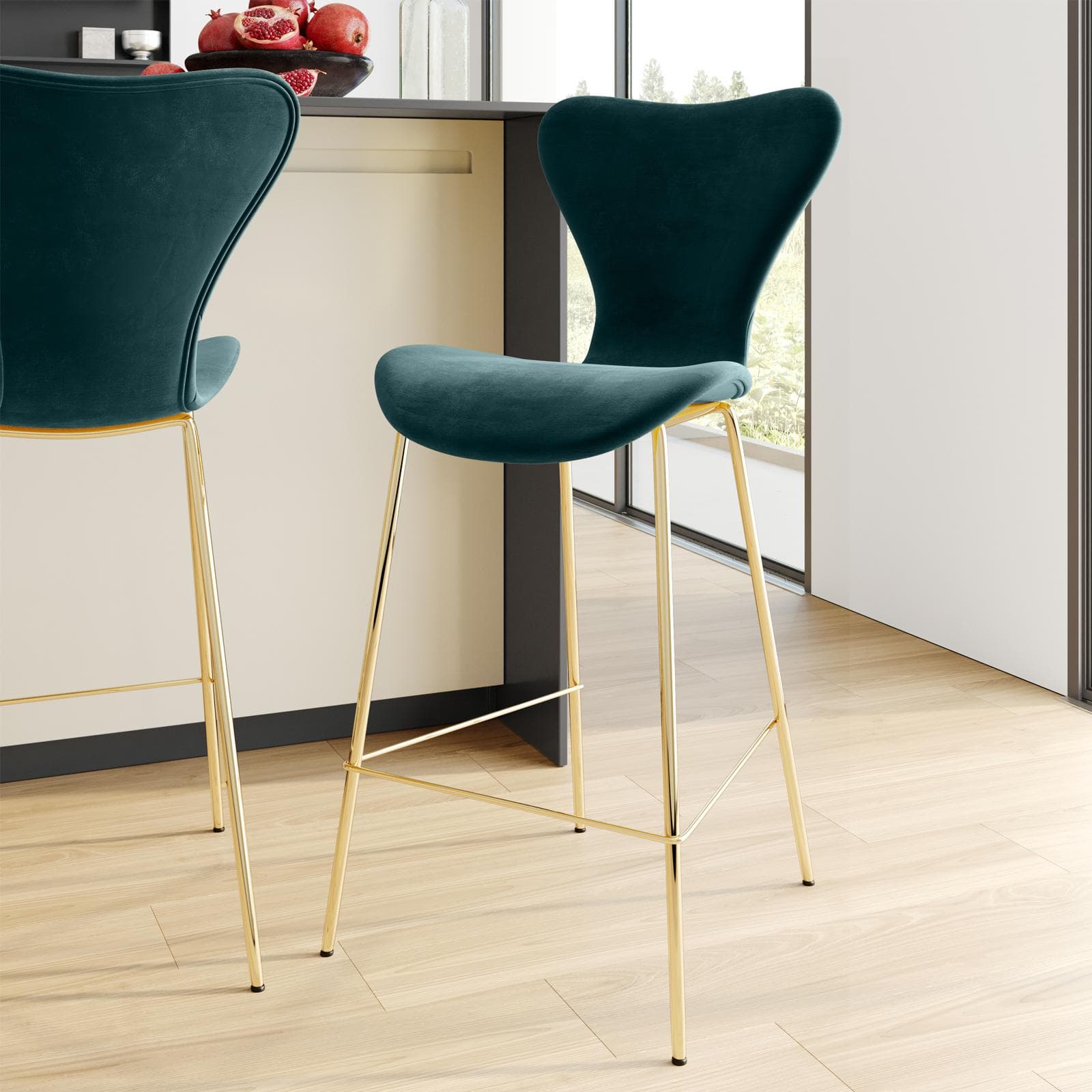 Sgabello velluto verde bosco con gambe oro - Dolly