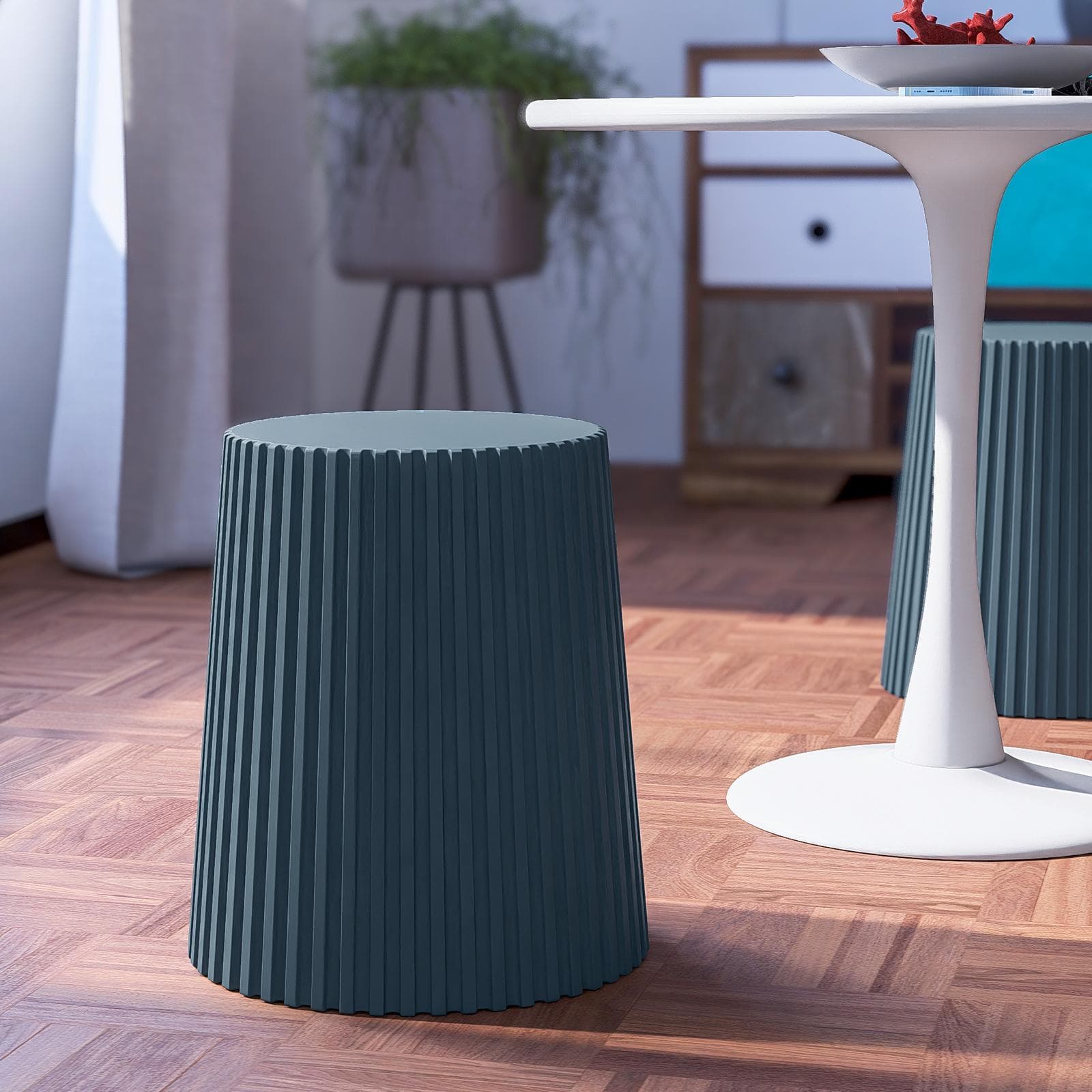 Sgabello rotondo 39 cm impilabile in polipropilene effetto cannettato blu - Xilo