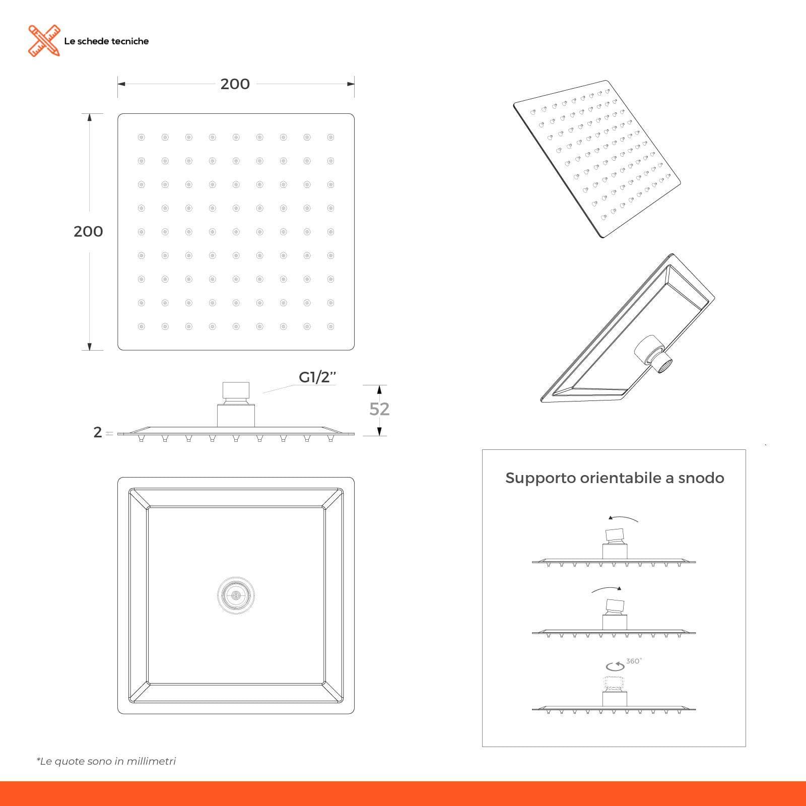 Soffione 20x20 cm ultraslim in acciaio inox satinato