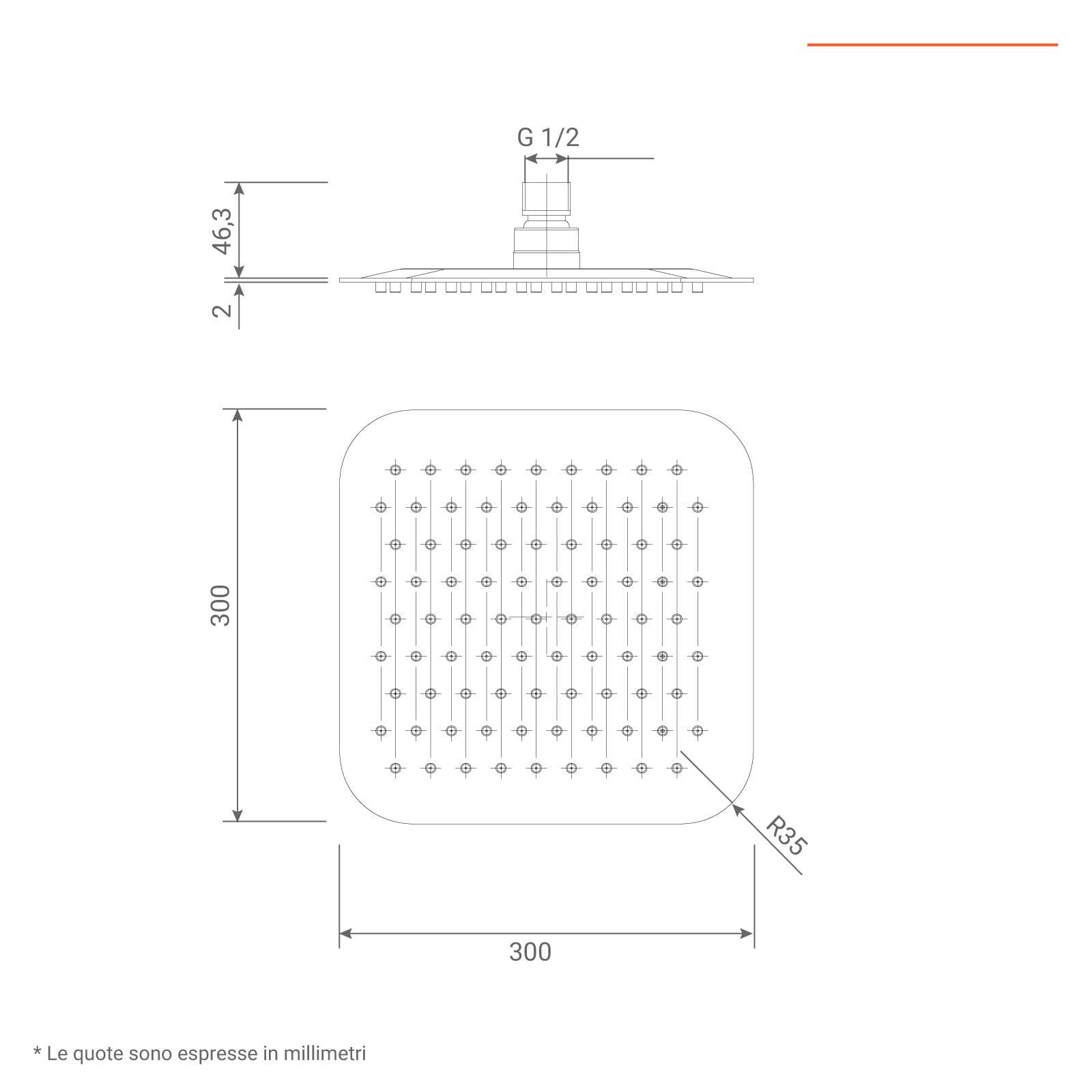 Soffione doccia quadrato 30 cm e braccio 40 cm anticalcare Jacuzzi - Rubinetteria