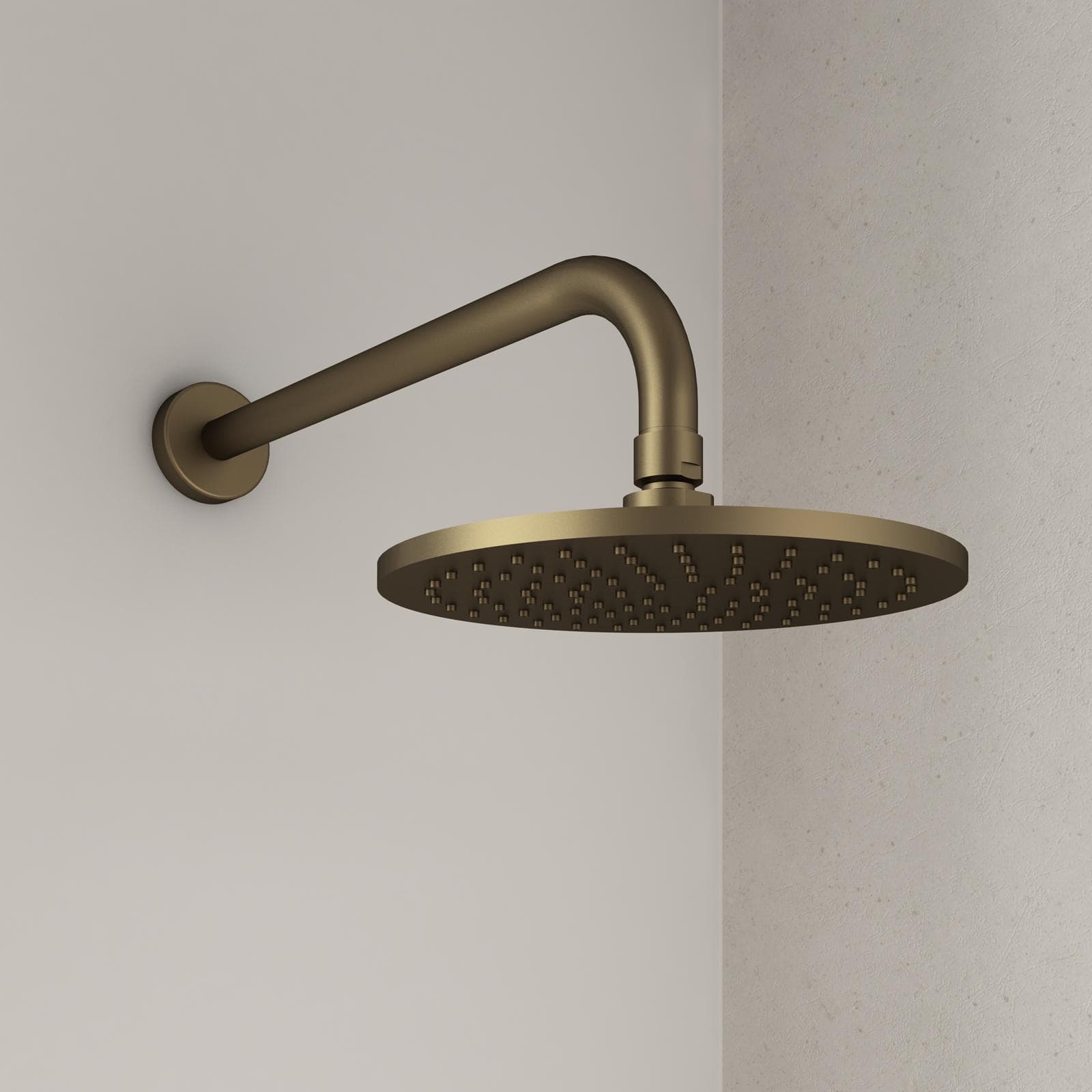Soffione doccia tondo 20 cm con braccio curvo oro satinato