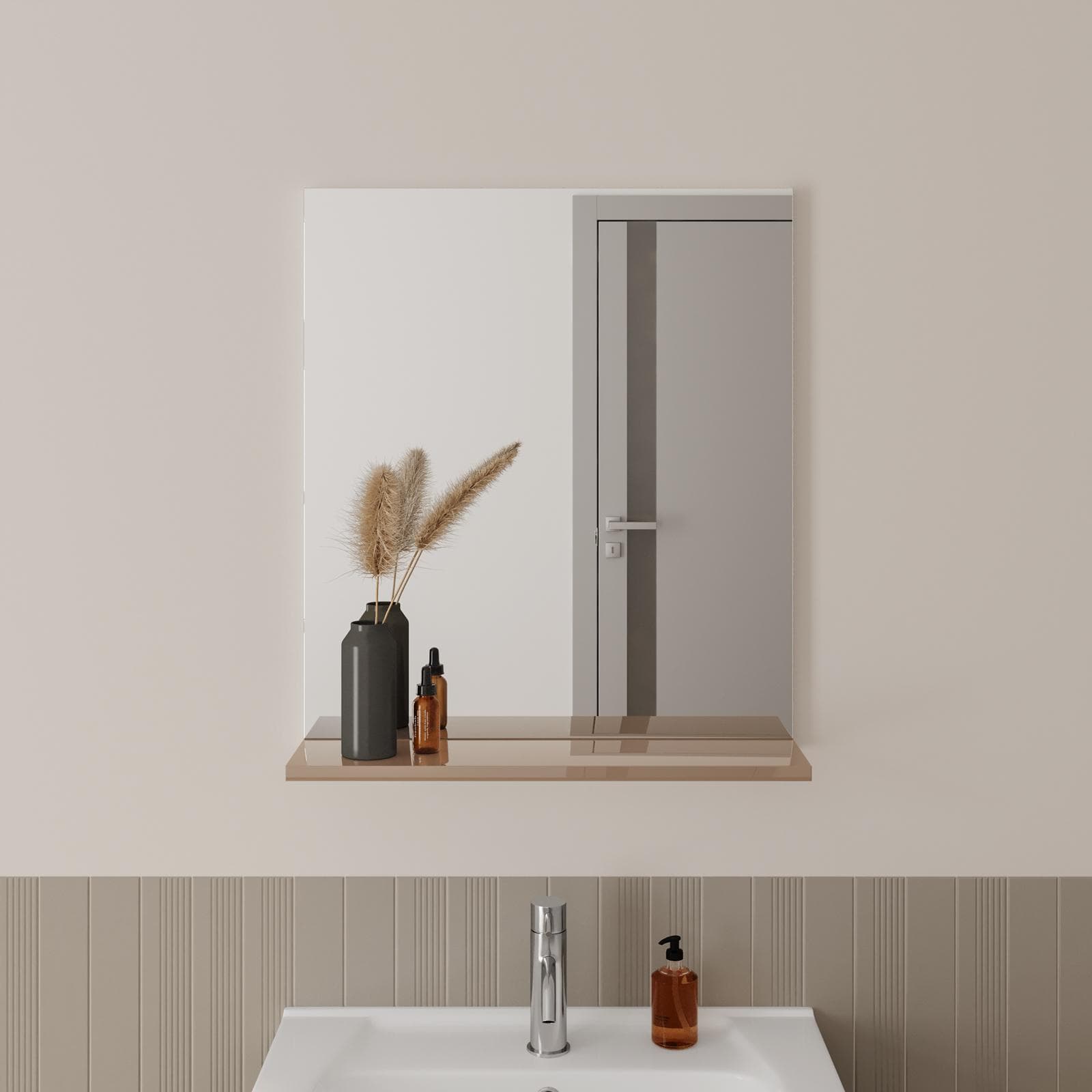 Specchiera bagno 55x63,5h cm con mensola d'appoggio tortora lucido - Ready