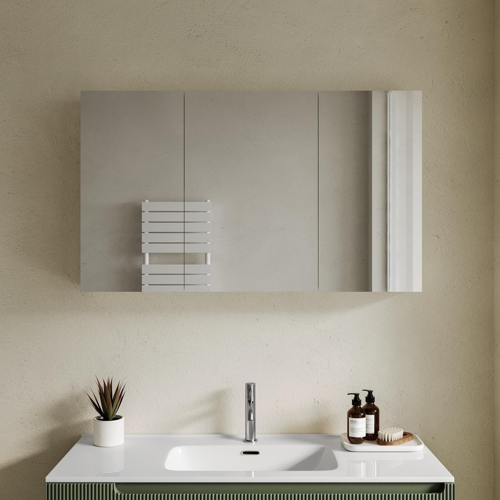 Specchio contenitore bagno cm 115 x 68 bianco lucido 3 ante