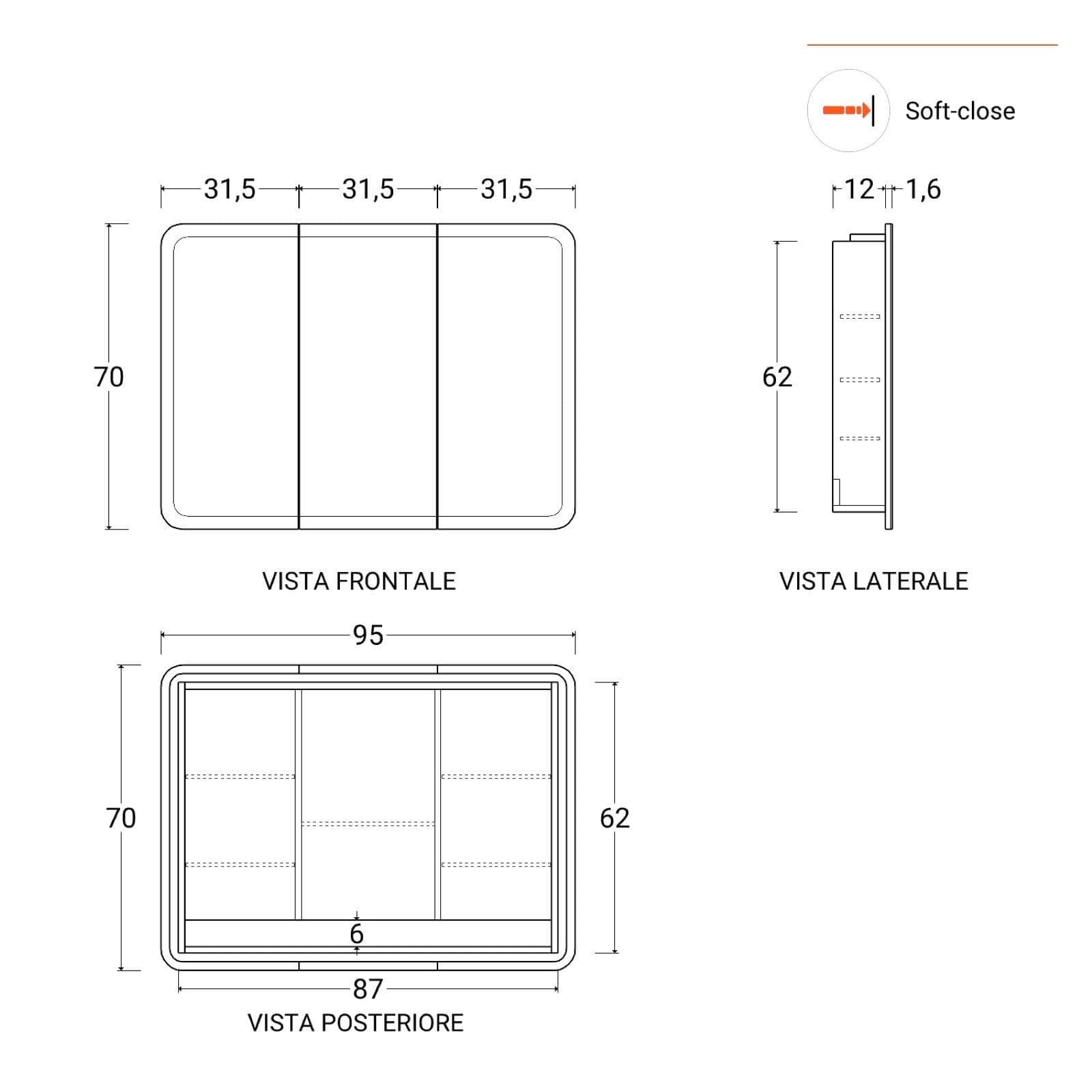 Specchio contenitore led 95x13x70h cm con 3 ante - Rary