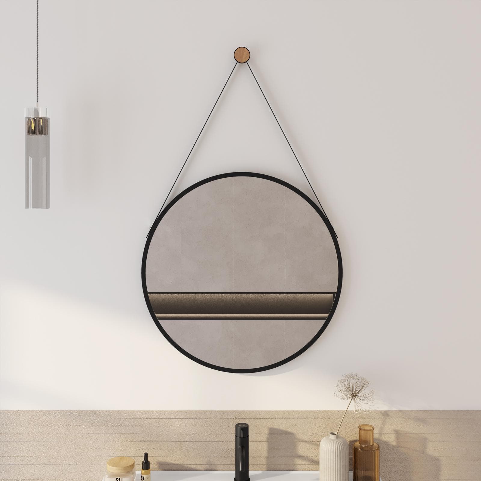 Specchio da bagno tondo Ø 60 cm con cornice e cinghia nera - Chablis