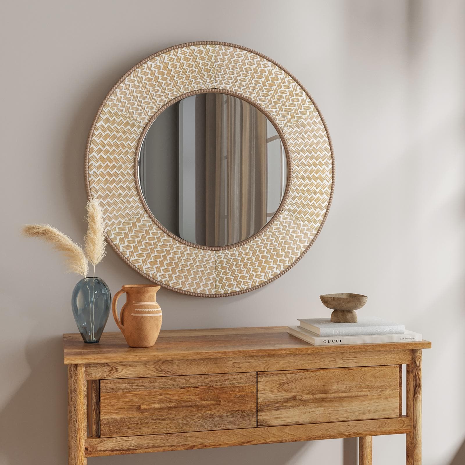 Specchio da interno tondo 80 cm con cornice decorata naturale - Elodie
