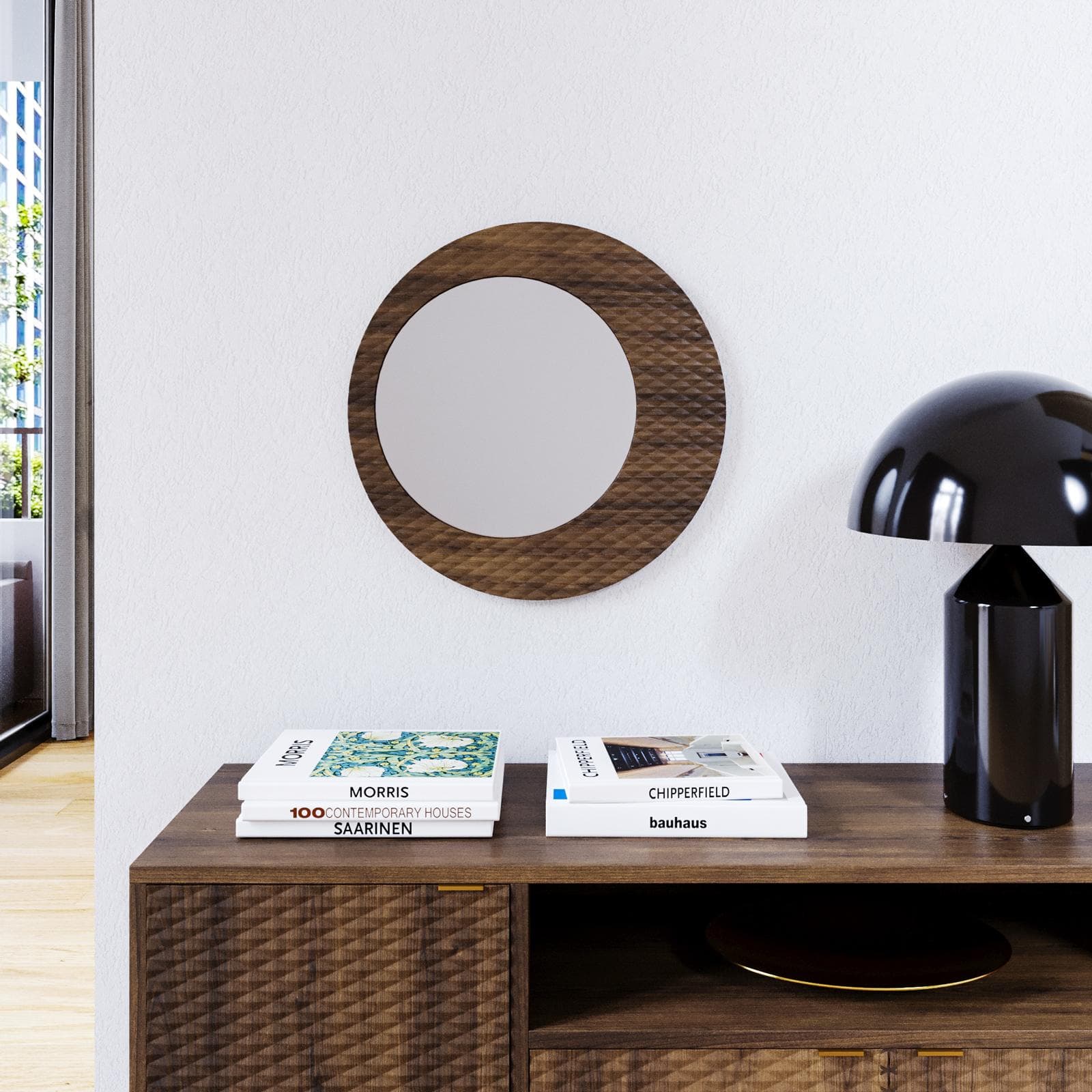 Specchio da parete 55 cm noce con cornice decorata - Kyra